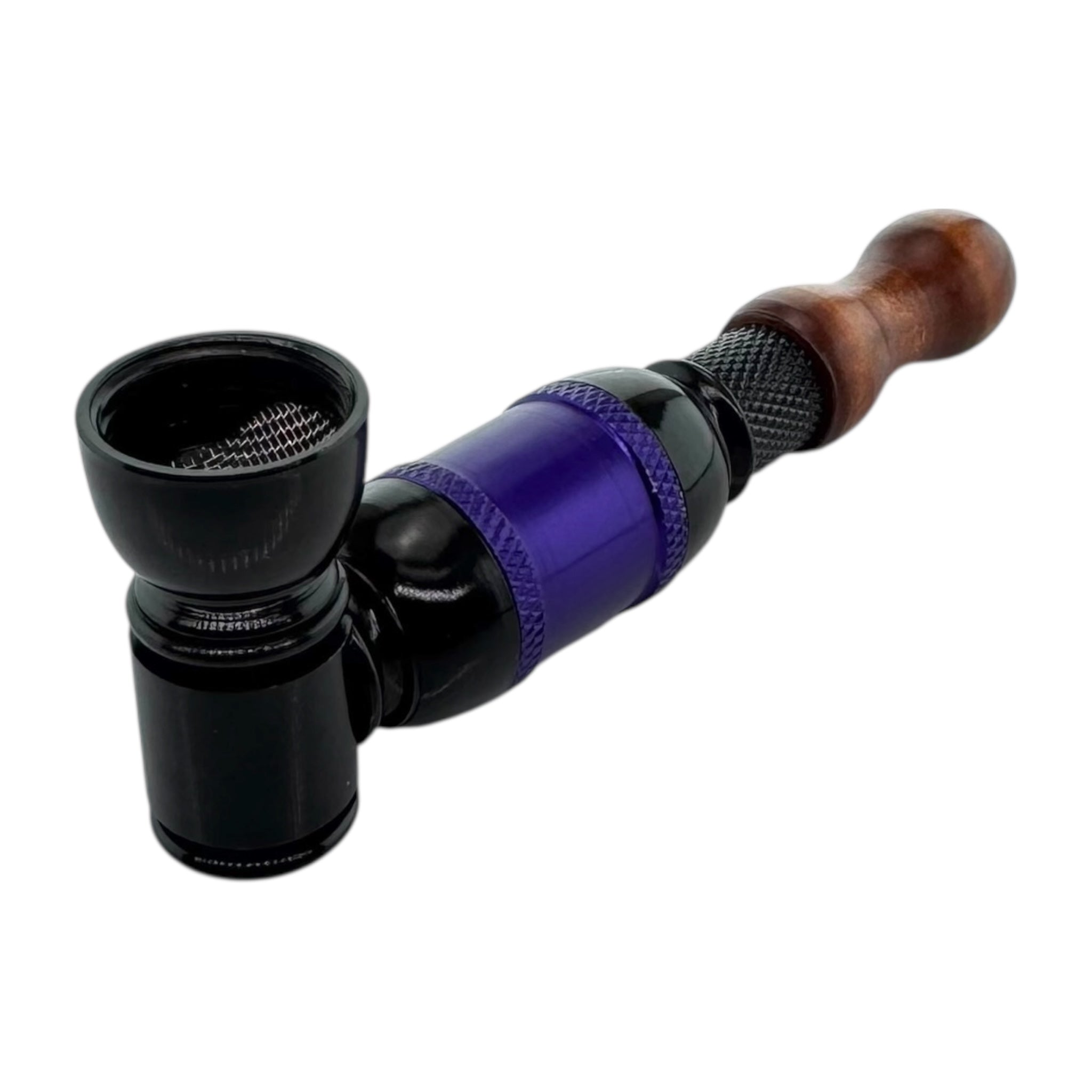 Black And Purple Large Chamber Hand Pipe With Wood Mouthpiece on white back ground