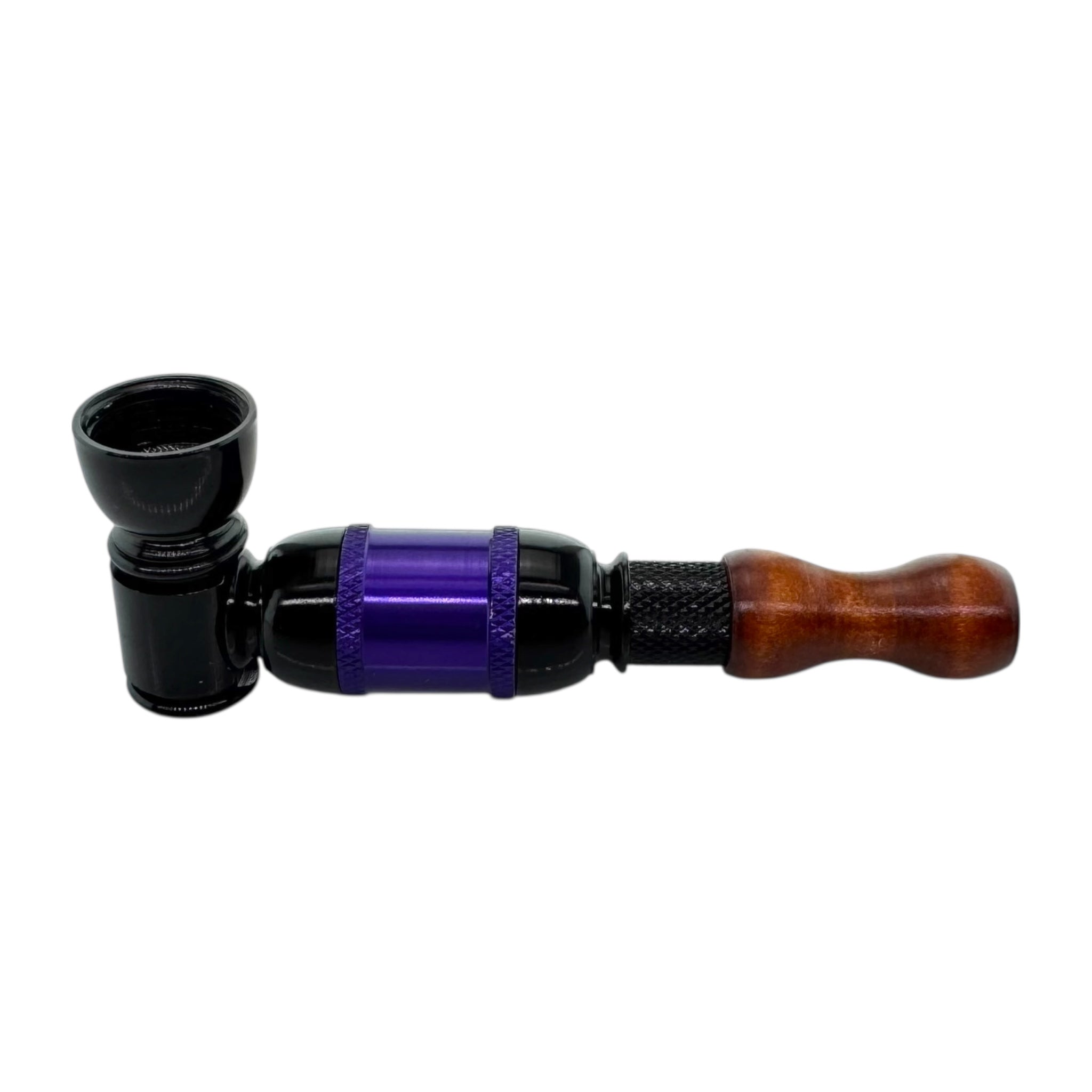 Black And Purple Large Chamber Hand Pipe With Wood Mouthpiece on a white background