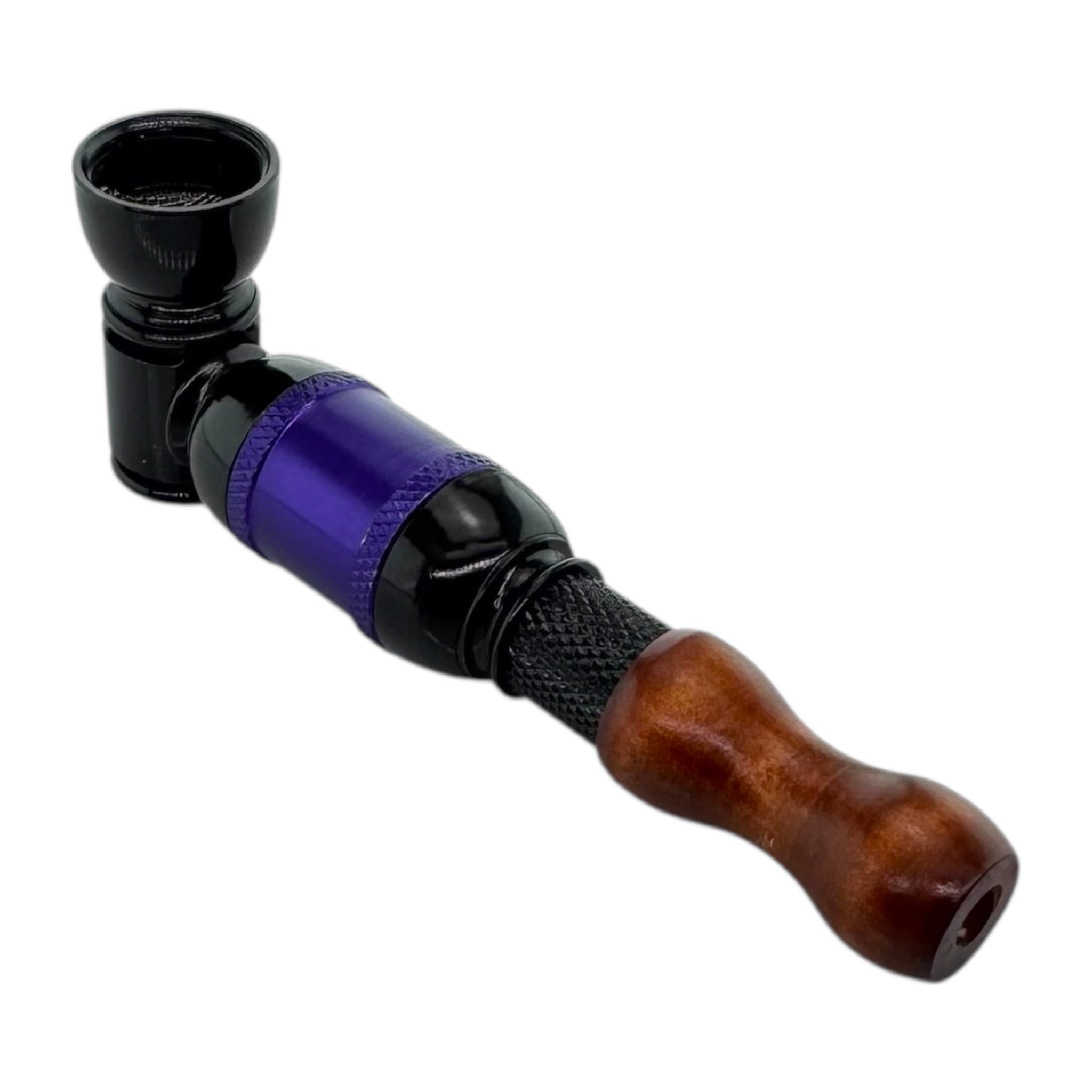 Black And Purple Large Chamber Hand Pipe With Wood Mouthpiece on a white background