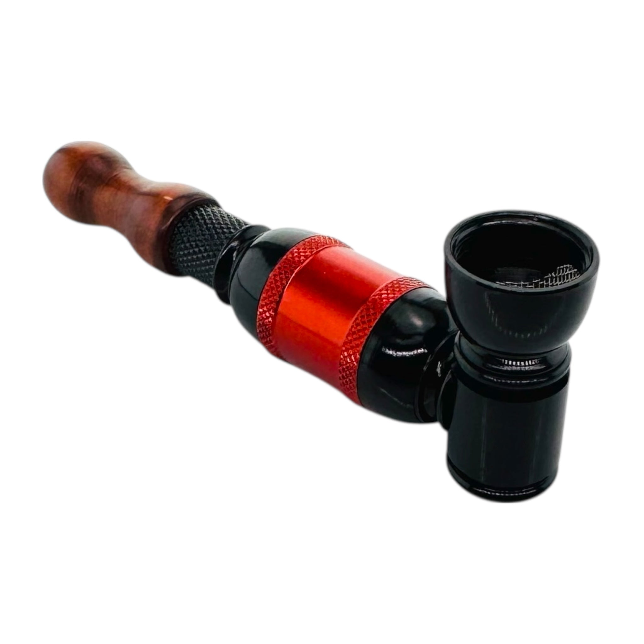 Black And Red Large Chamber Hand Pipe With Wood Mouthpiece on a white background