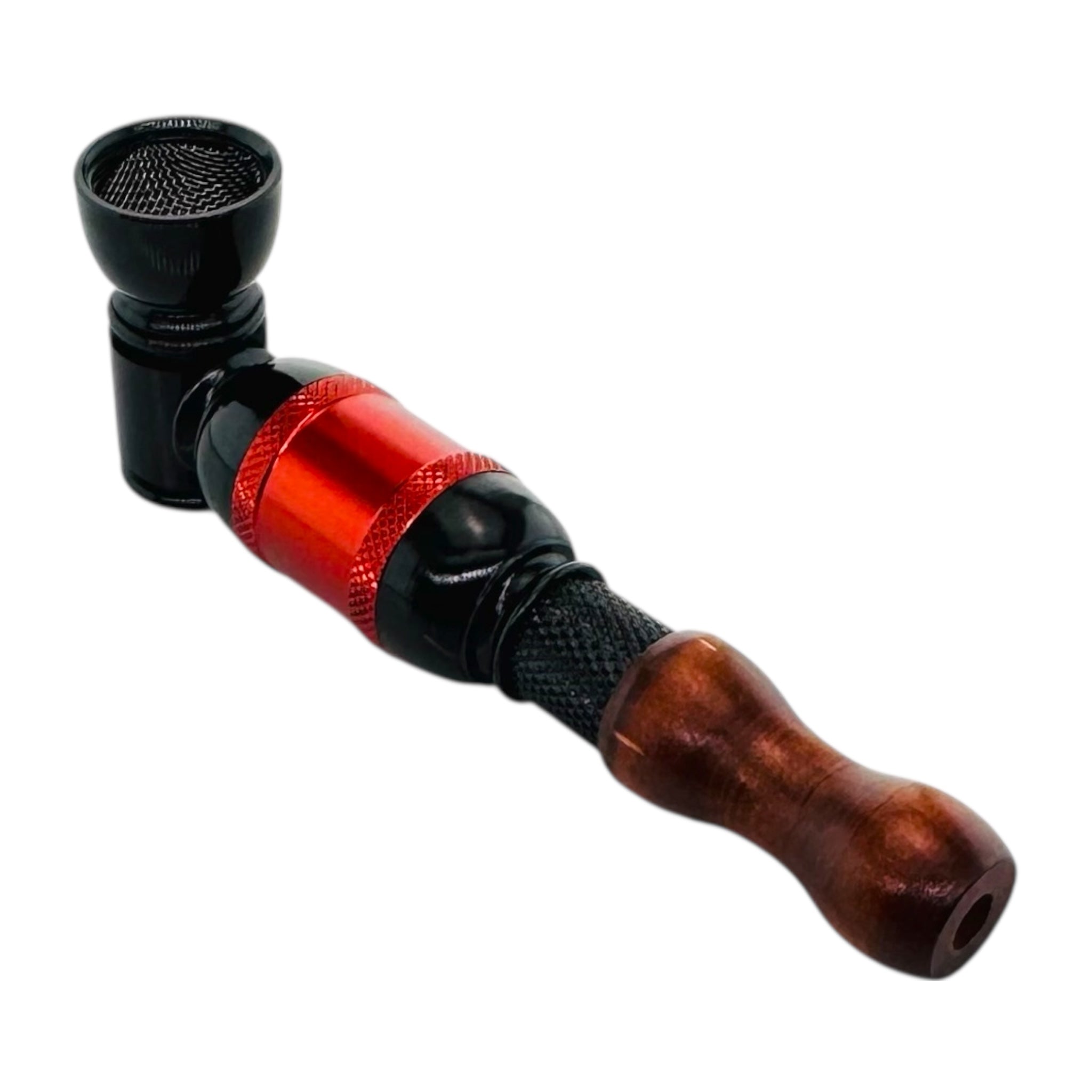 Black And Red aluminum Hand Pipe With Wood Mouthpiece on a white background