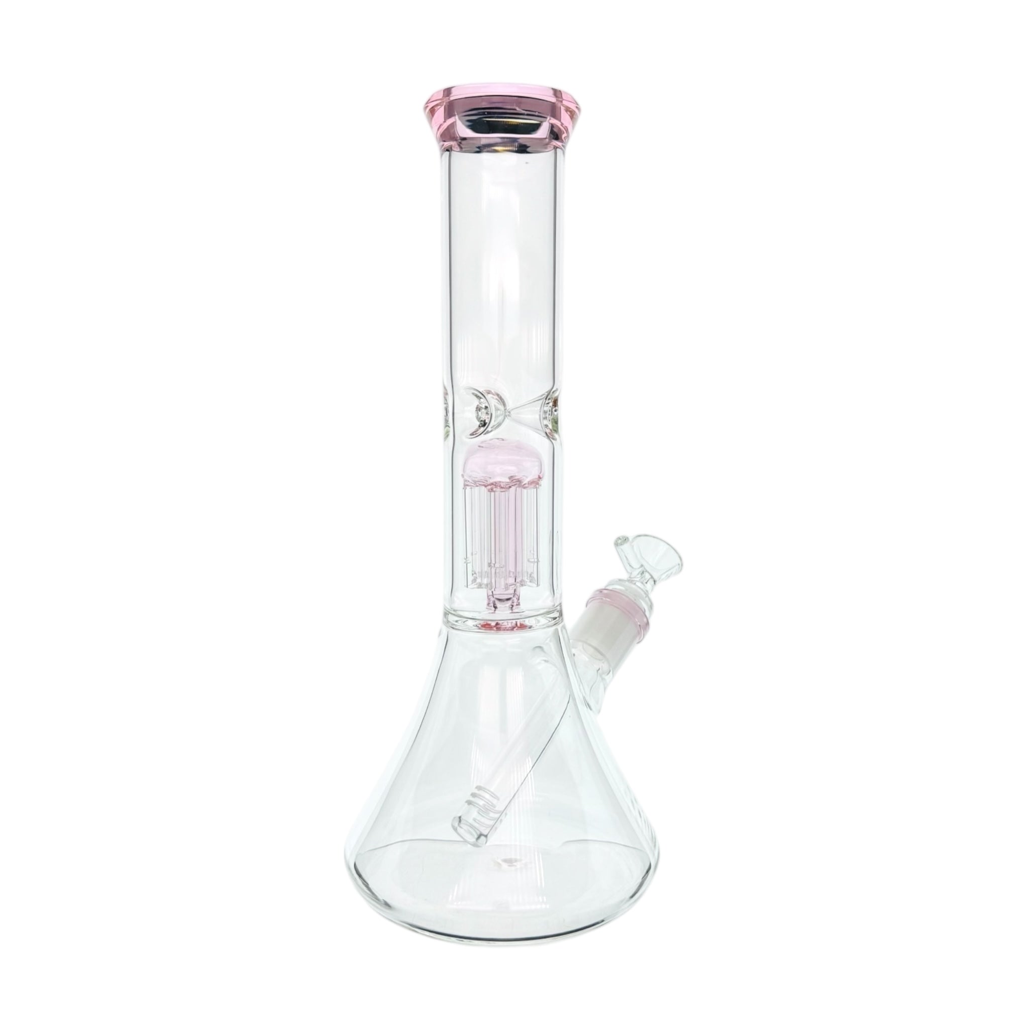 Clear glass water pipe with pink accents on a white background