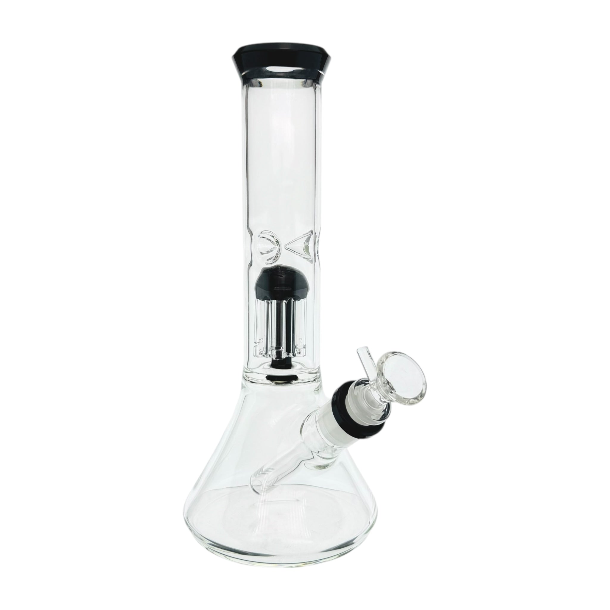 Clear Beaker Bong With Black Tree Perc And Mouthpiece on a white background