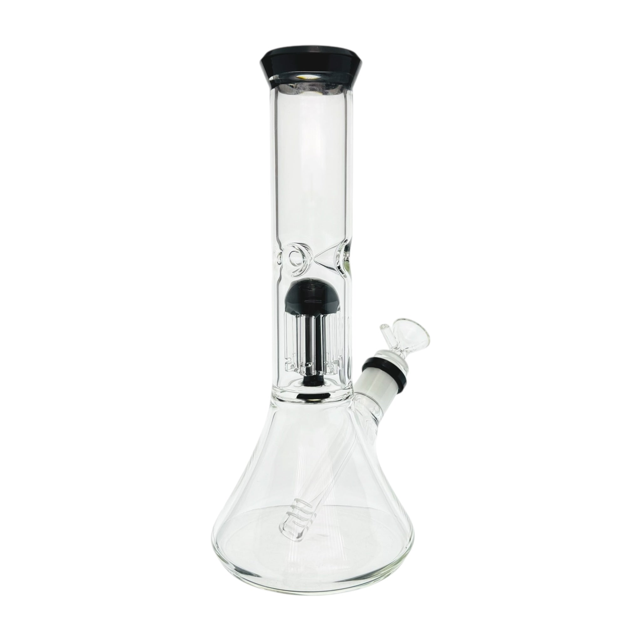 Clear glass bong with black accents on a white background