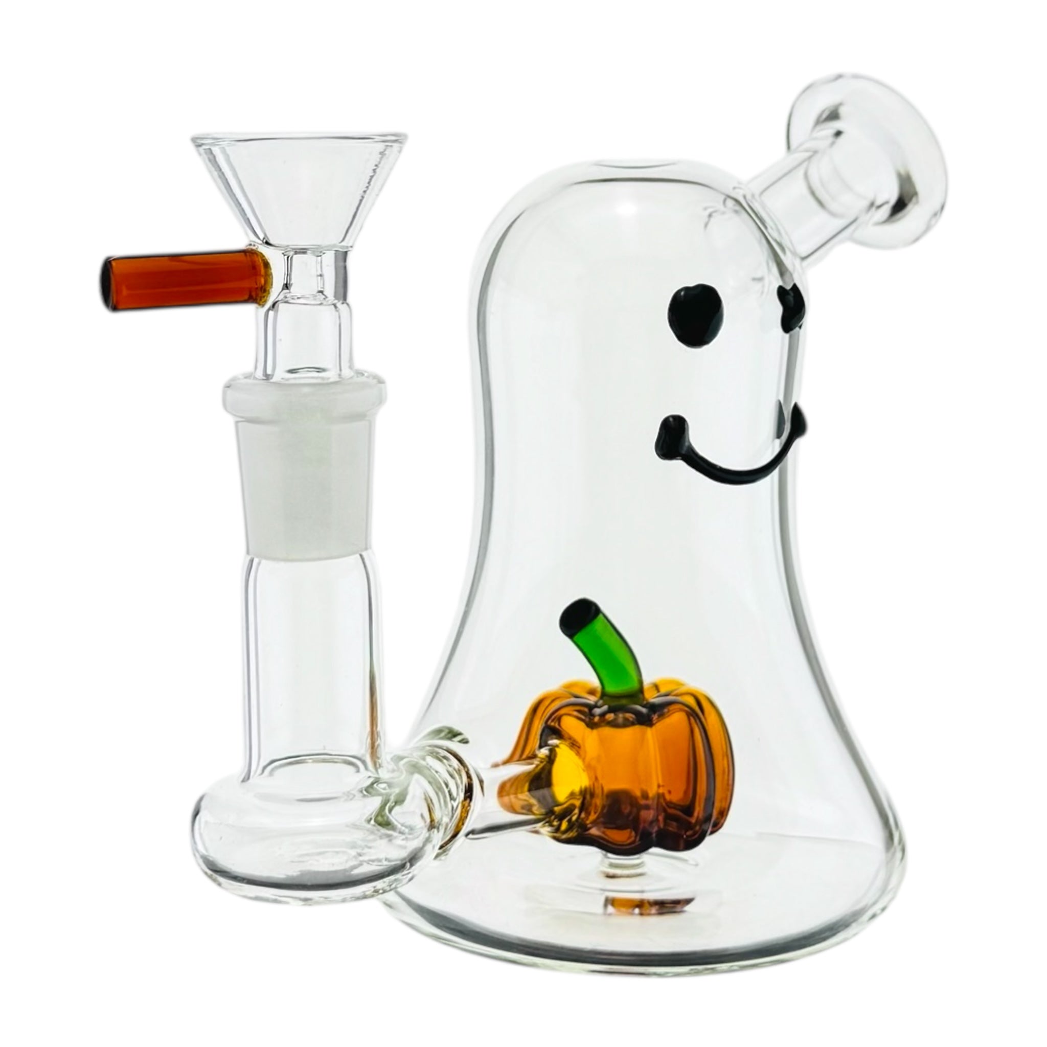 Glass smoking device with a ghost face and pumpkin inside on a white background