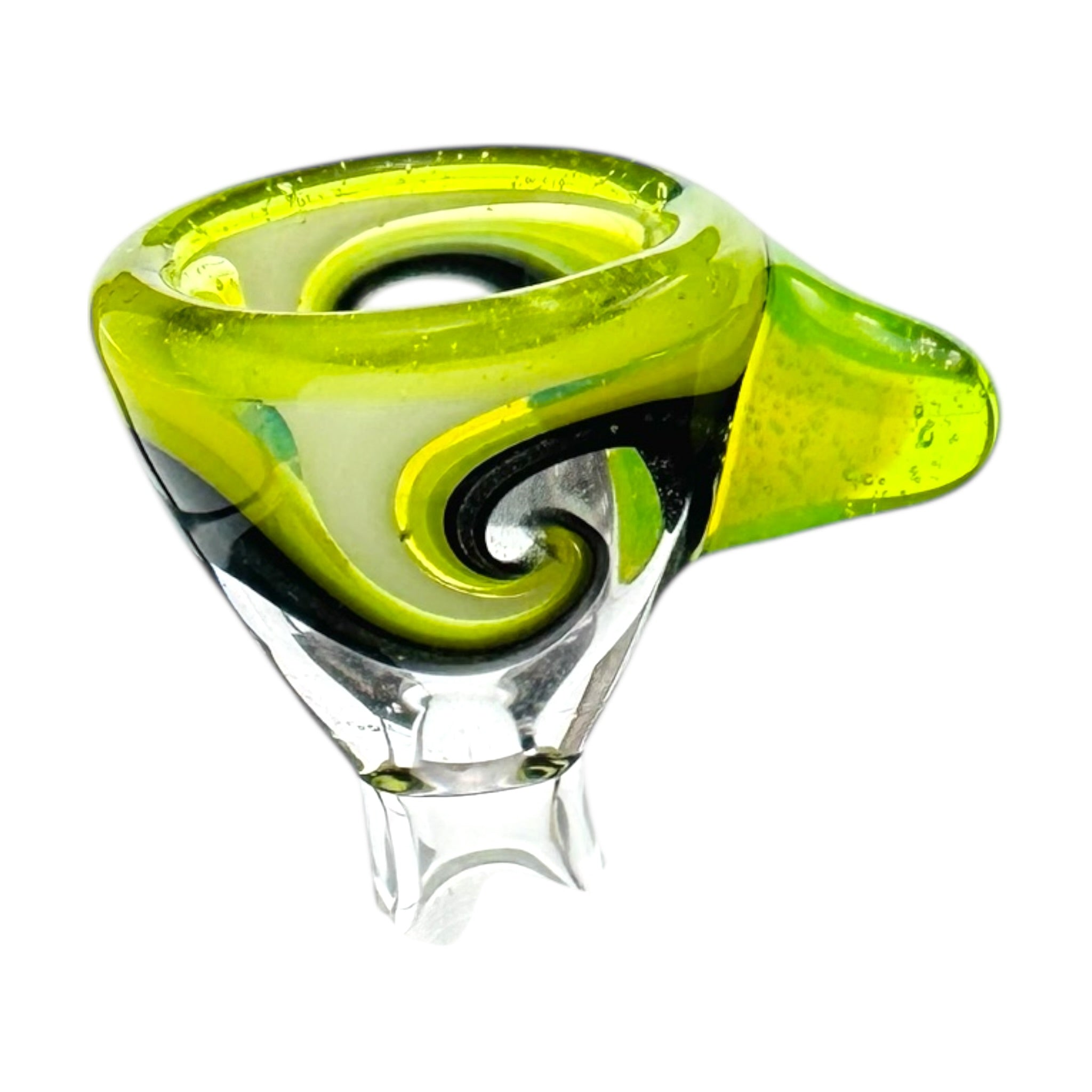 N3RD Glass 10mm Flower Bowl for water pipe White Black Green Twirl on a white background
