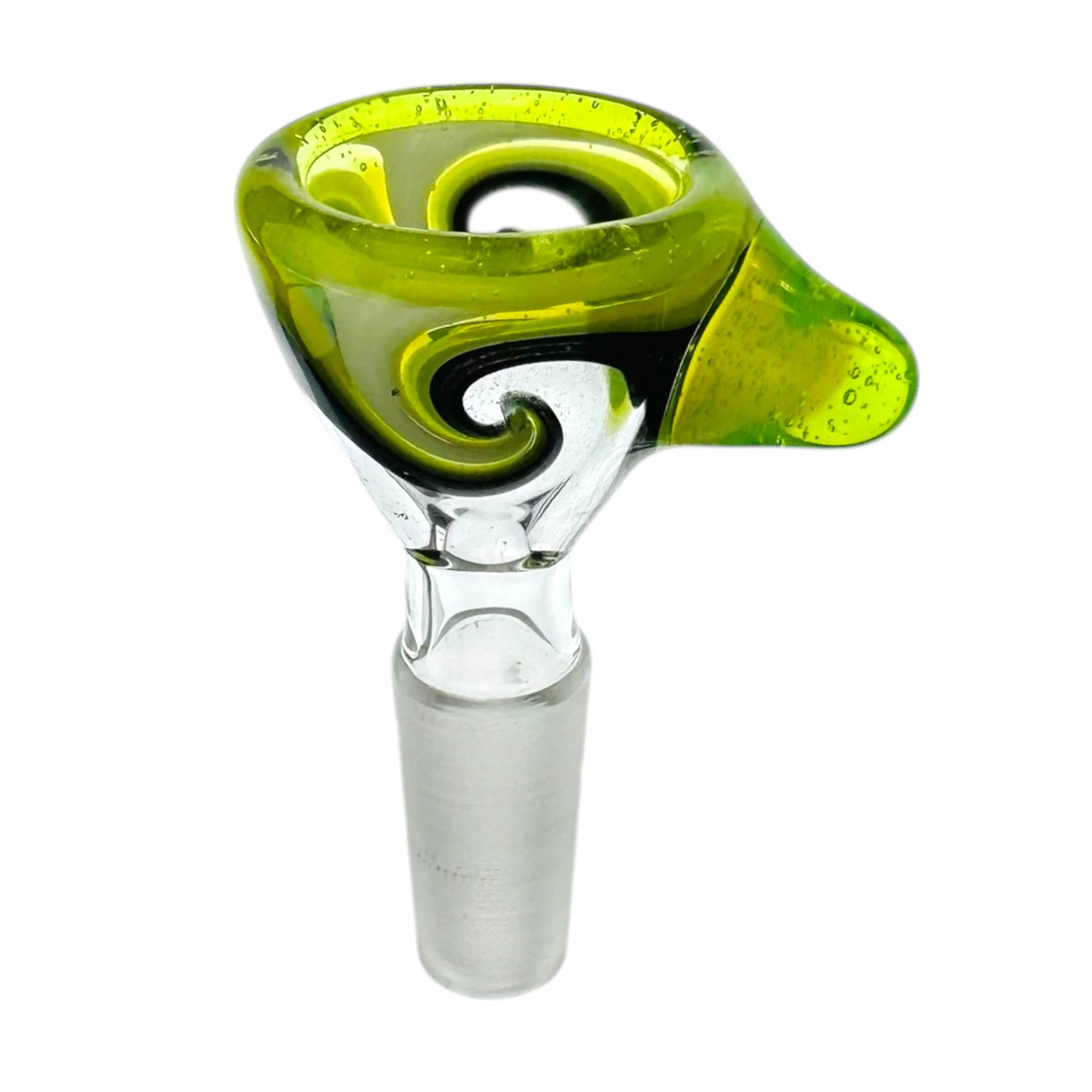 N3RD Glass 10mm Flower Bowl for water pipe White Black Green Twirl on a white background