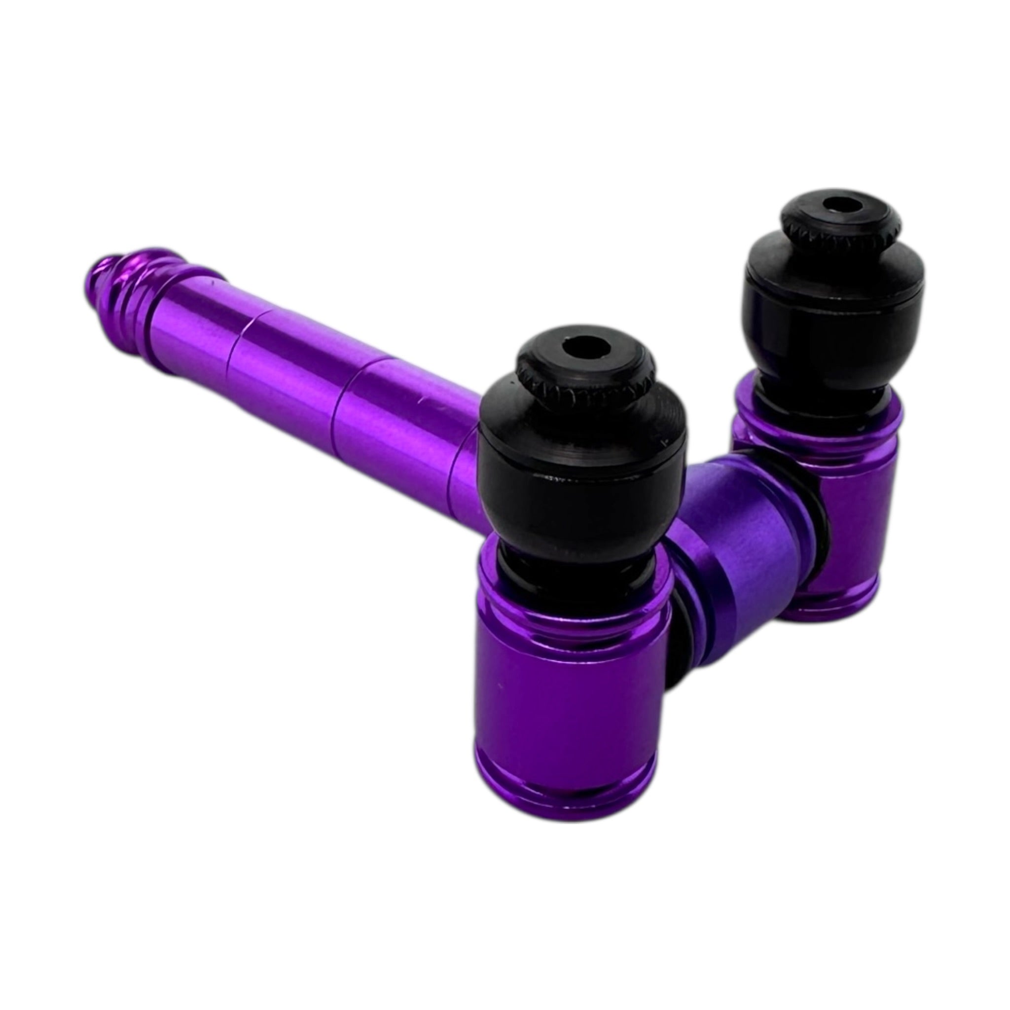 Purple And Black Metal Hand Pipe With Two Bowls With Caps on a white background