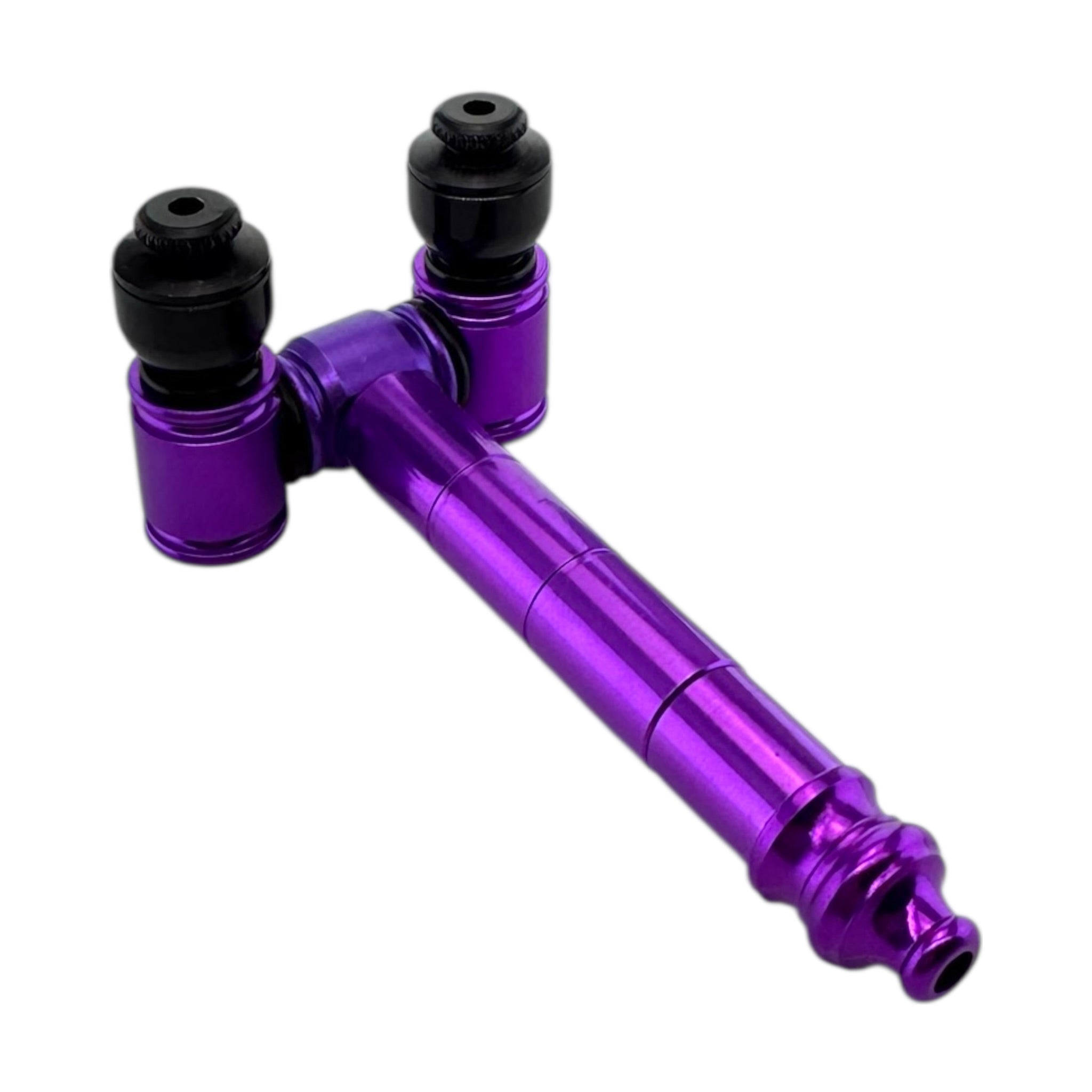 Purple And Black Metal Hand Pipe With Two Bowls With Caps on a white background