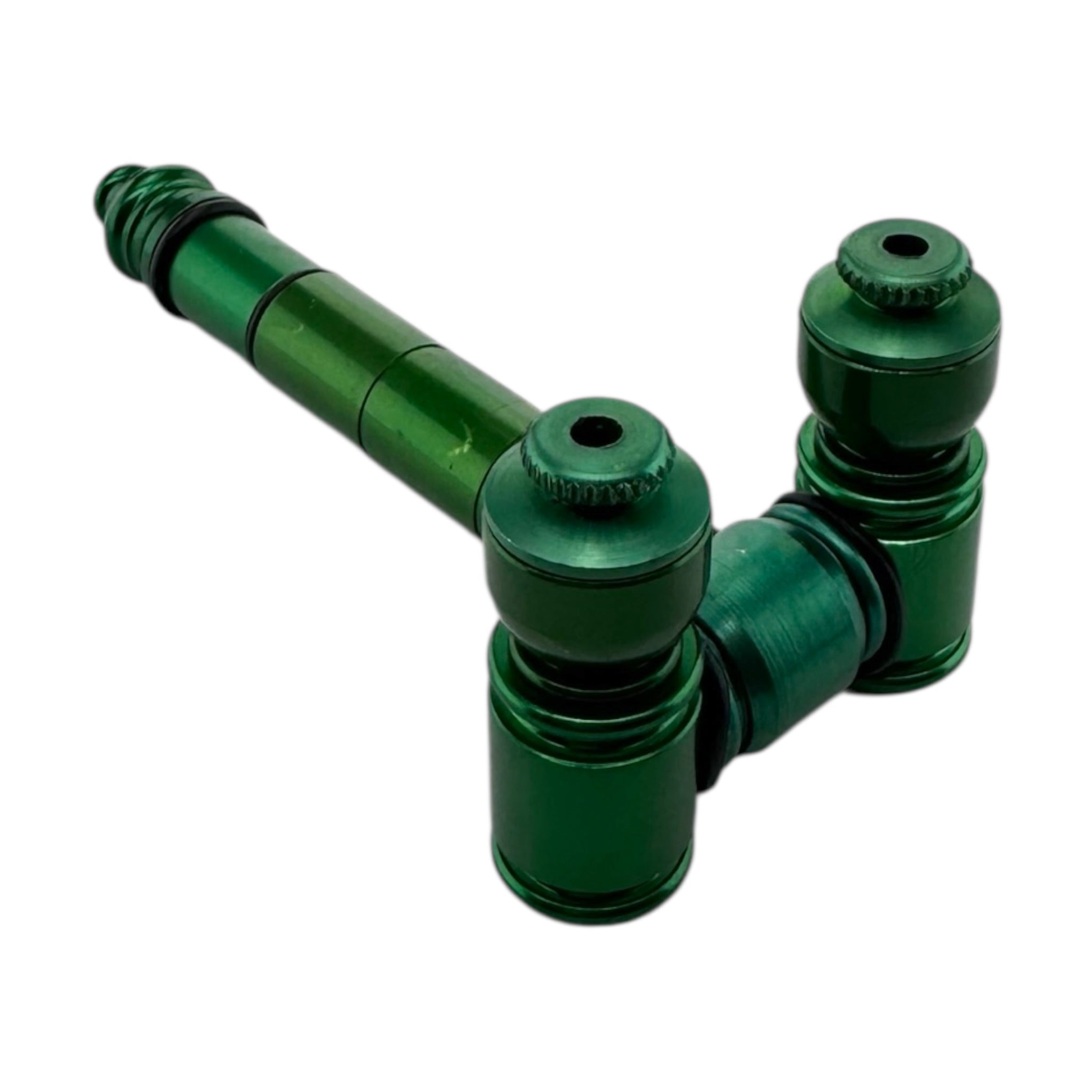 Green Metal Hand Pipe With Two Bowls With Caps on a white background