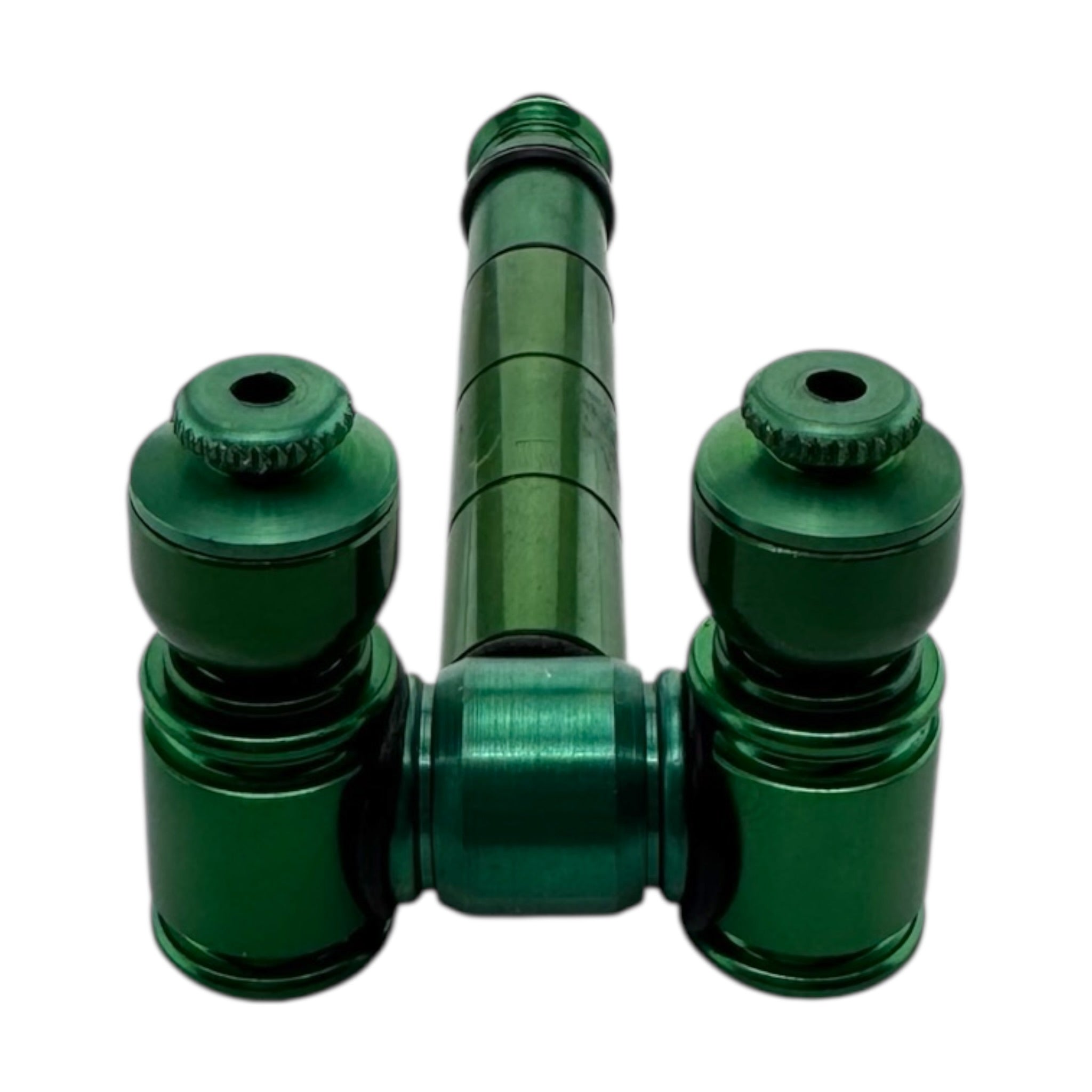 Green Metal Hand Pipe With Two Bowls With Caps on a white background