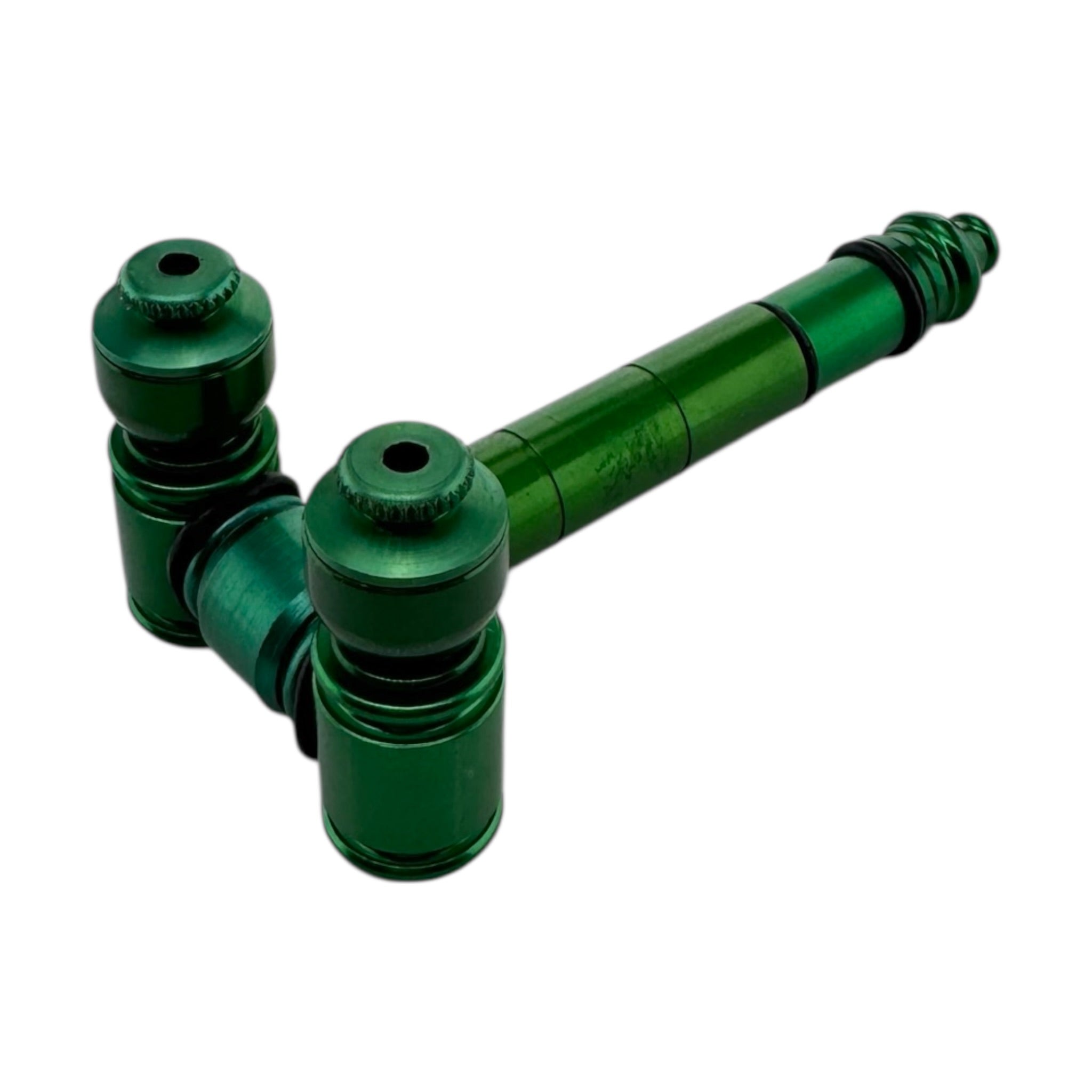 Green Metal Hand Pipe With Two Bowls With Caps on a white background
