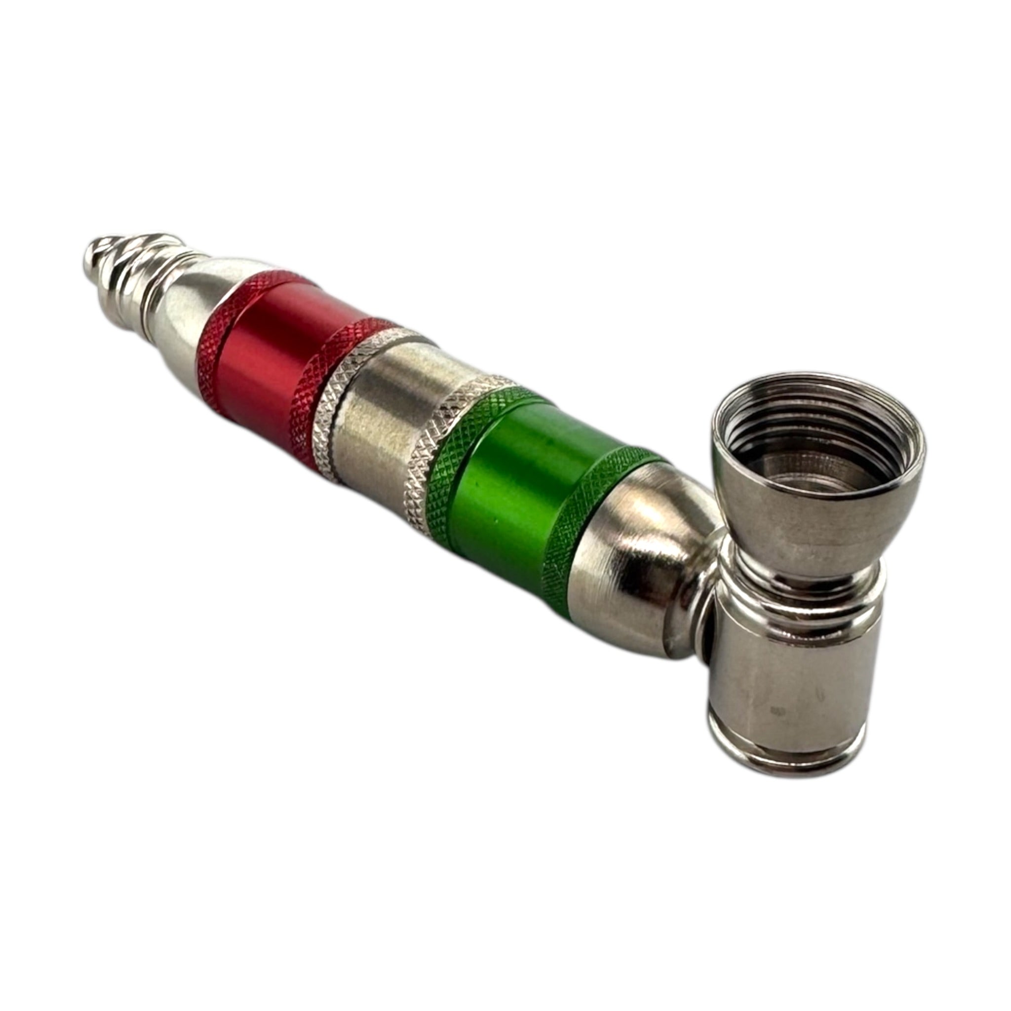 Silver Red And Green Extra Large Extended Chamber Metal Smoking Pipe on a white background