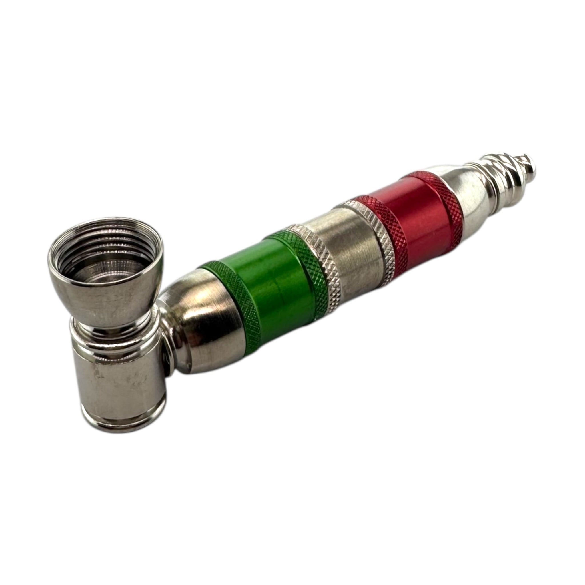 Silver Red And Green Extra Large Extended Chamber Metal Smoking Pipe on a white background