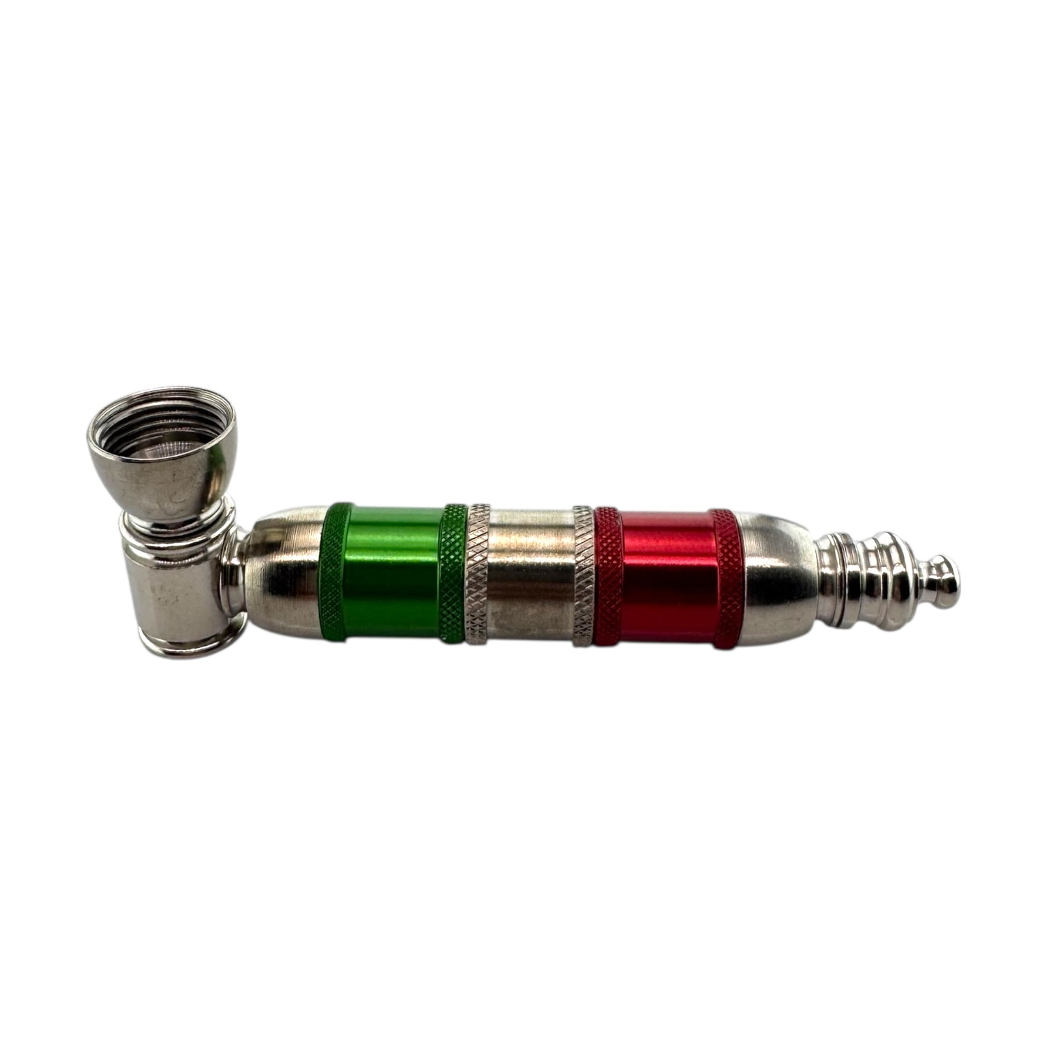 Silver Red And Green Extra Large Extended Chamber Metal Smoking Pipe on a white background
