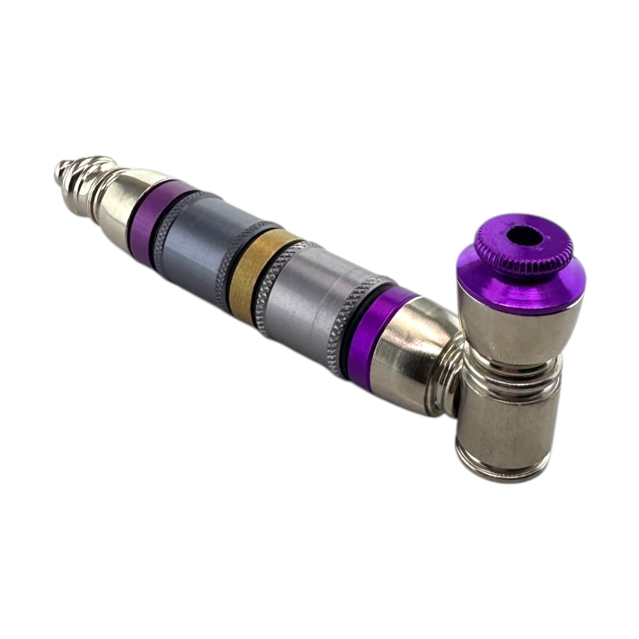 Silver Purple And Gold Extra Large Extended Chamber Metal Smoking Pipe With Cap Lid on a white background