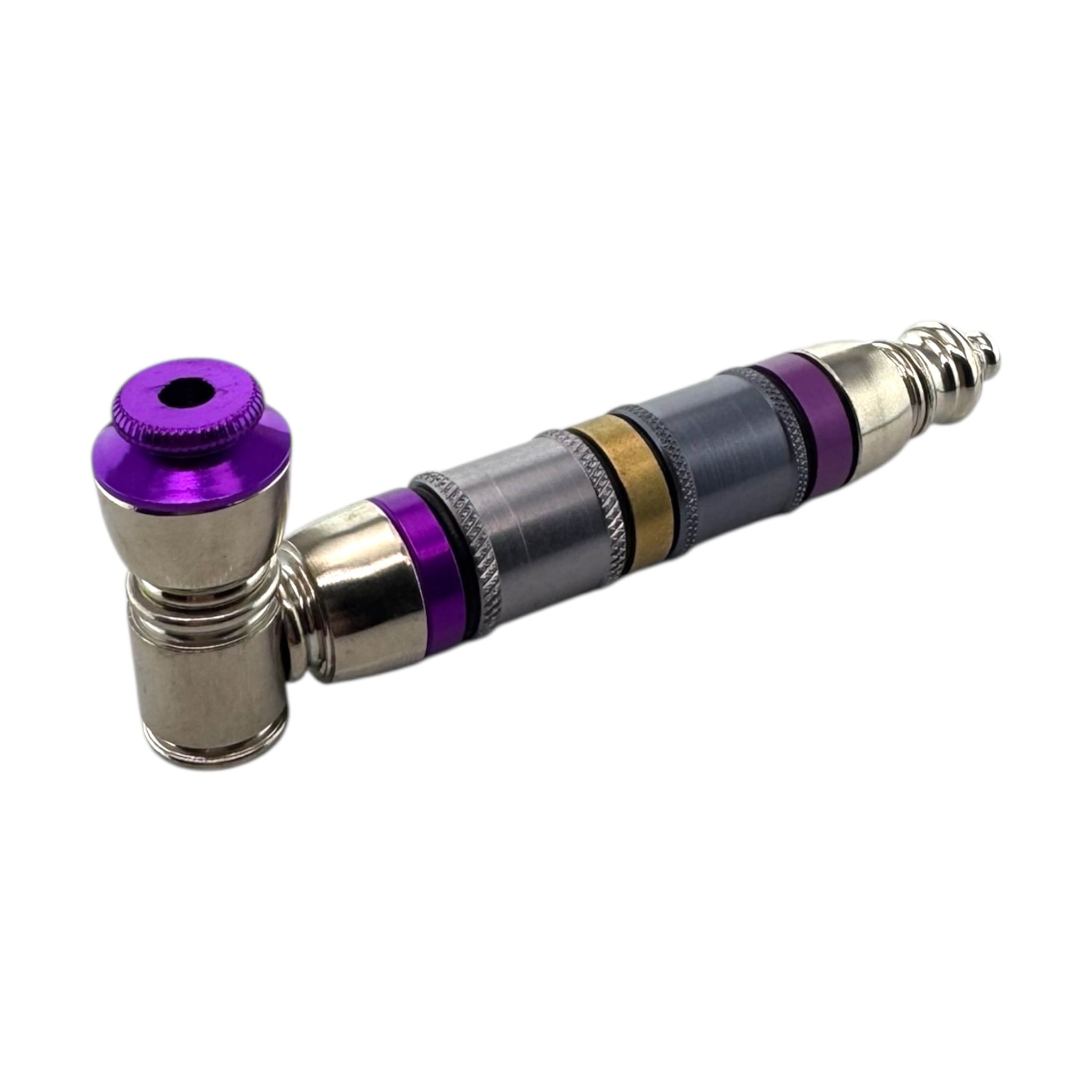 Silver Purple And Gold Extra Large Extended Chamber Metal Smoking Pipe With Cap Lid on a white background