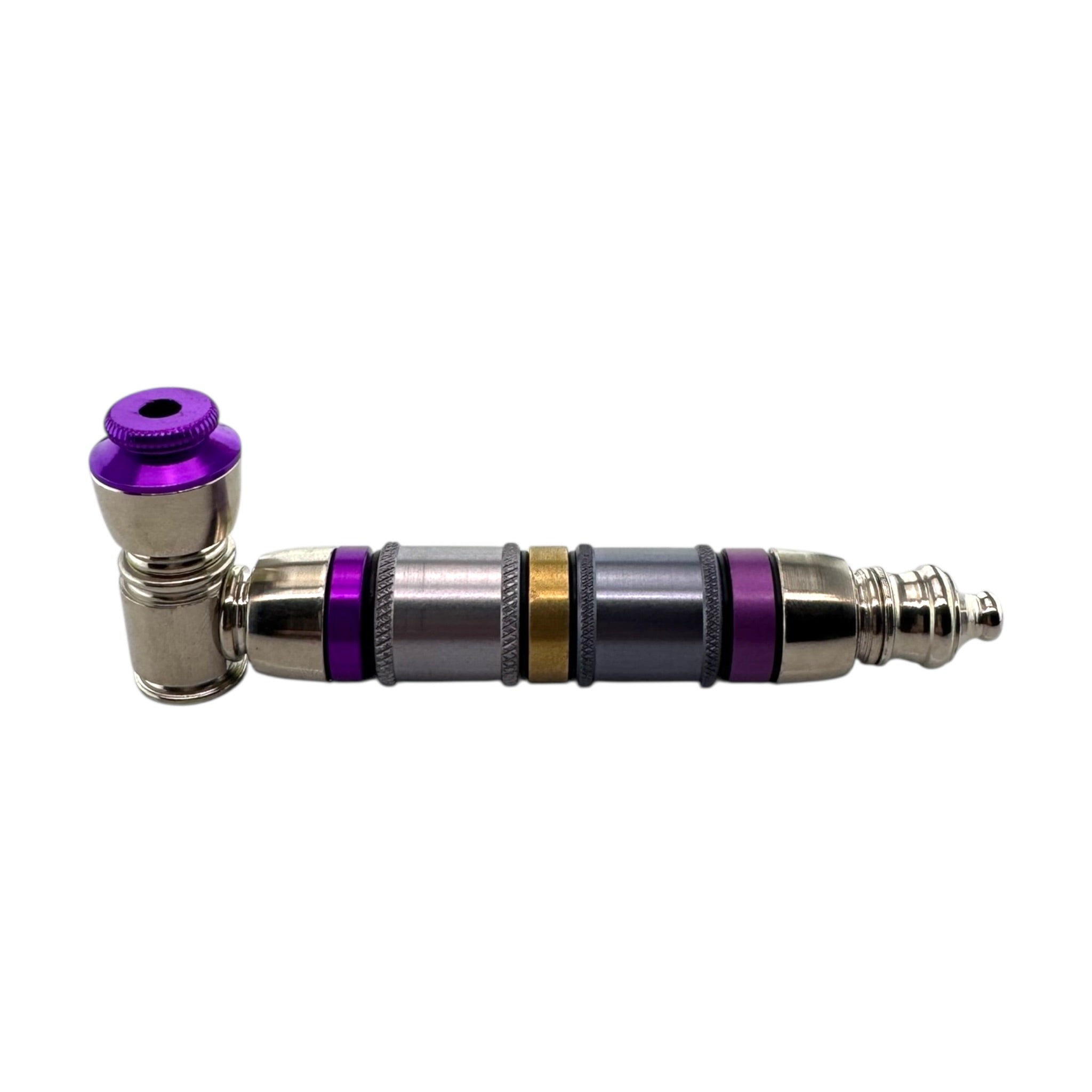 Silver Purple And Gold Extra Large Extended Chamber Metal Smoking Pipe With Cap Lid on a white background