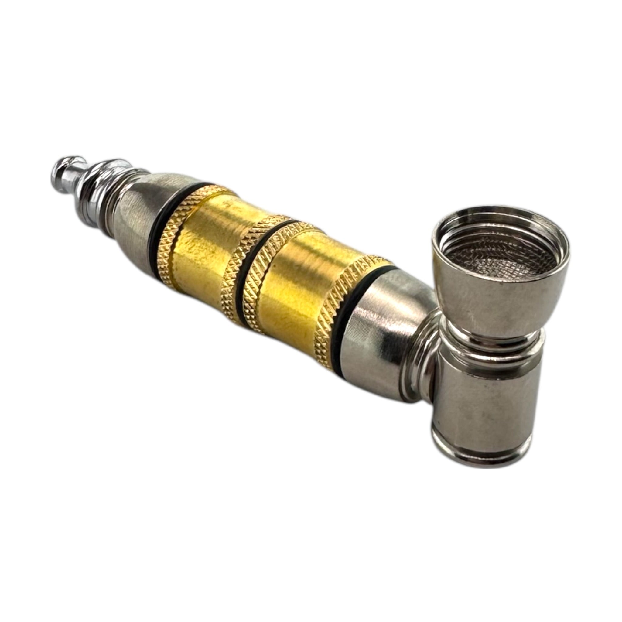 Silver And Gold Brass Extra Large Chamber Metal Smoking Pipe on a white background