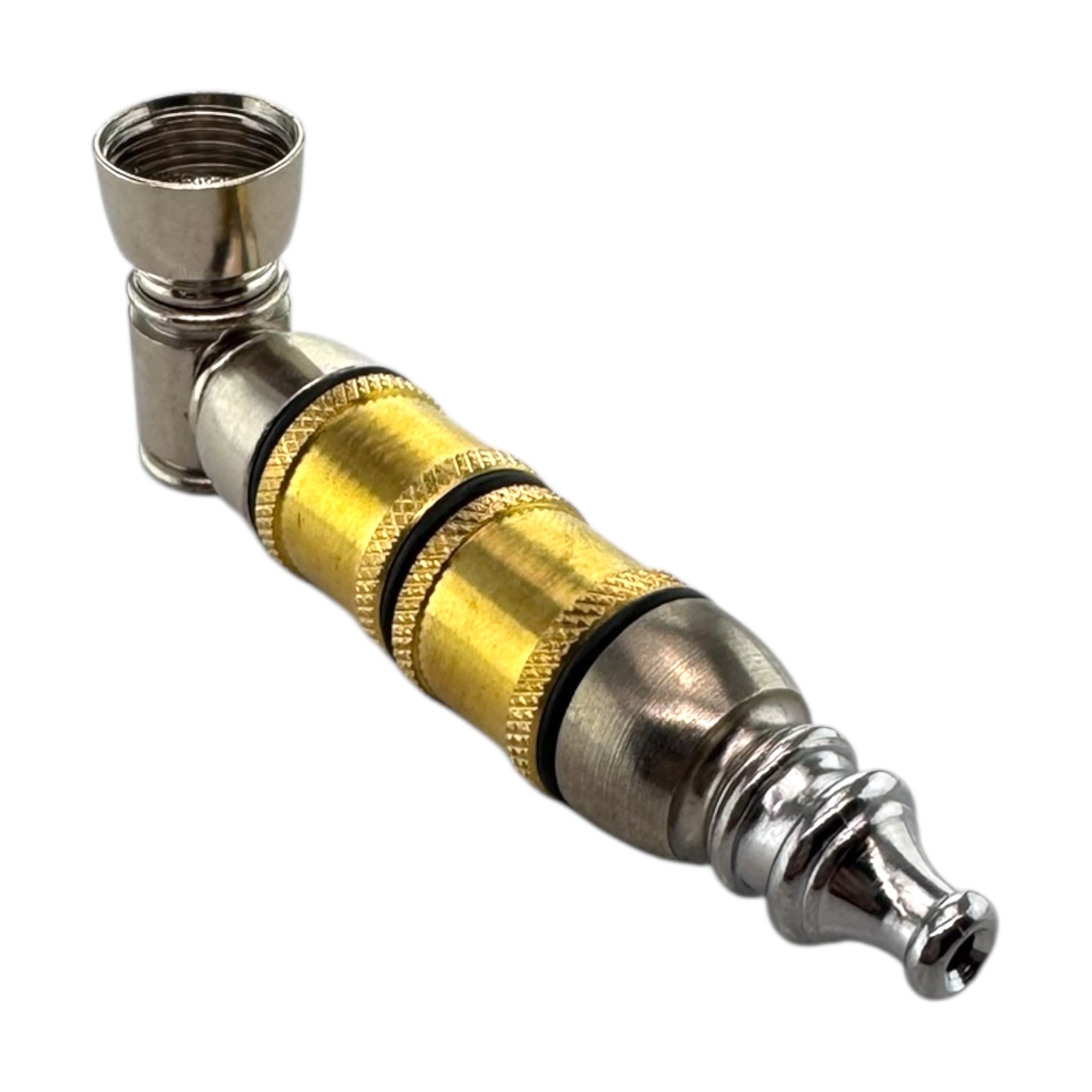 Silver And Gold Brass Extra Large Chamber Metal Smoking Pipe on a white background