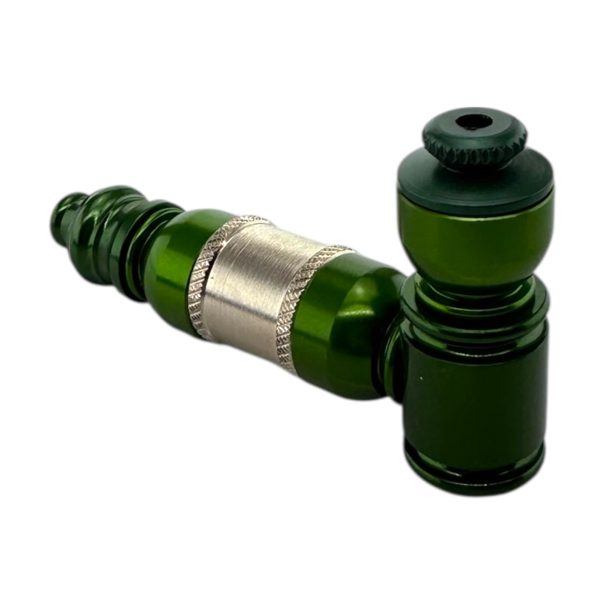 Small Green And Silver Aluminum Extended Mini Chamber Hand Pipe With Capt on a white background