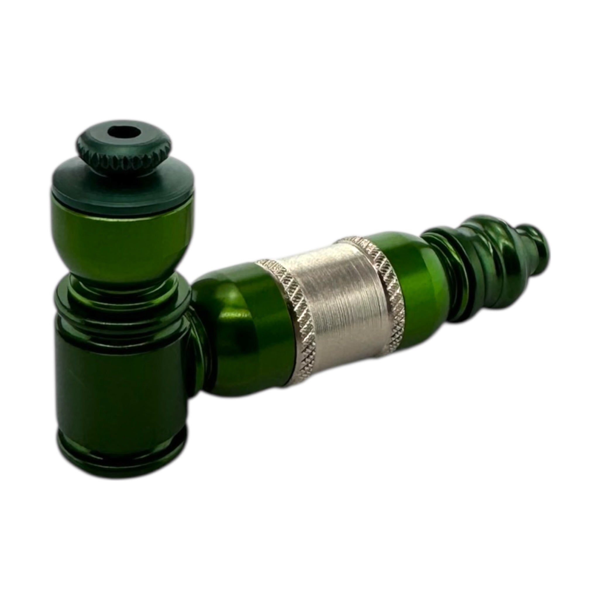 Small Green And Silver Aluminum Extended Mini Chamber Hand Pipe With Capt on a white background
