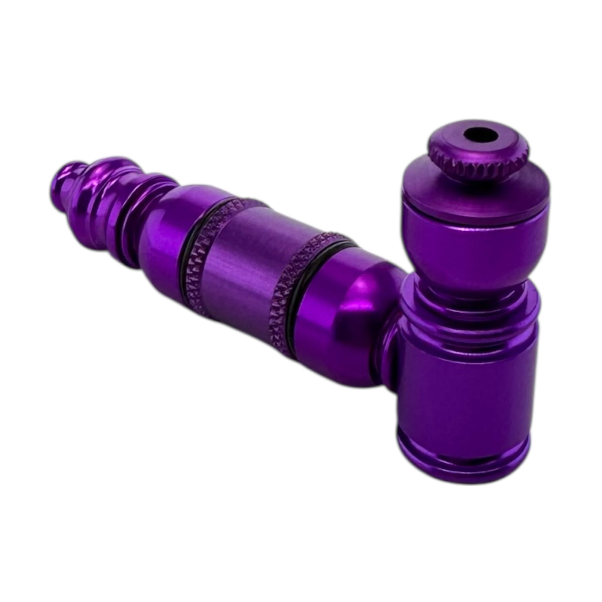 Small Purple Aluminum Extended Mini Chamber Metal Smoking Pipe With Cap on a white background