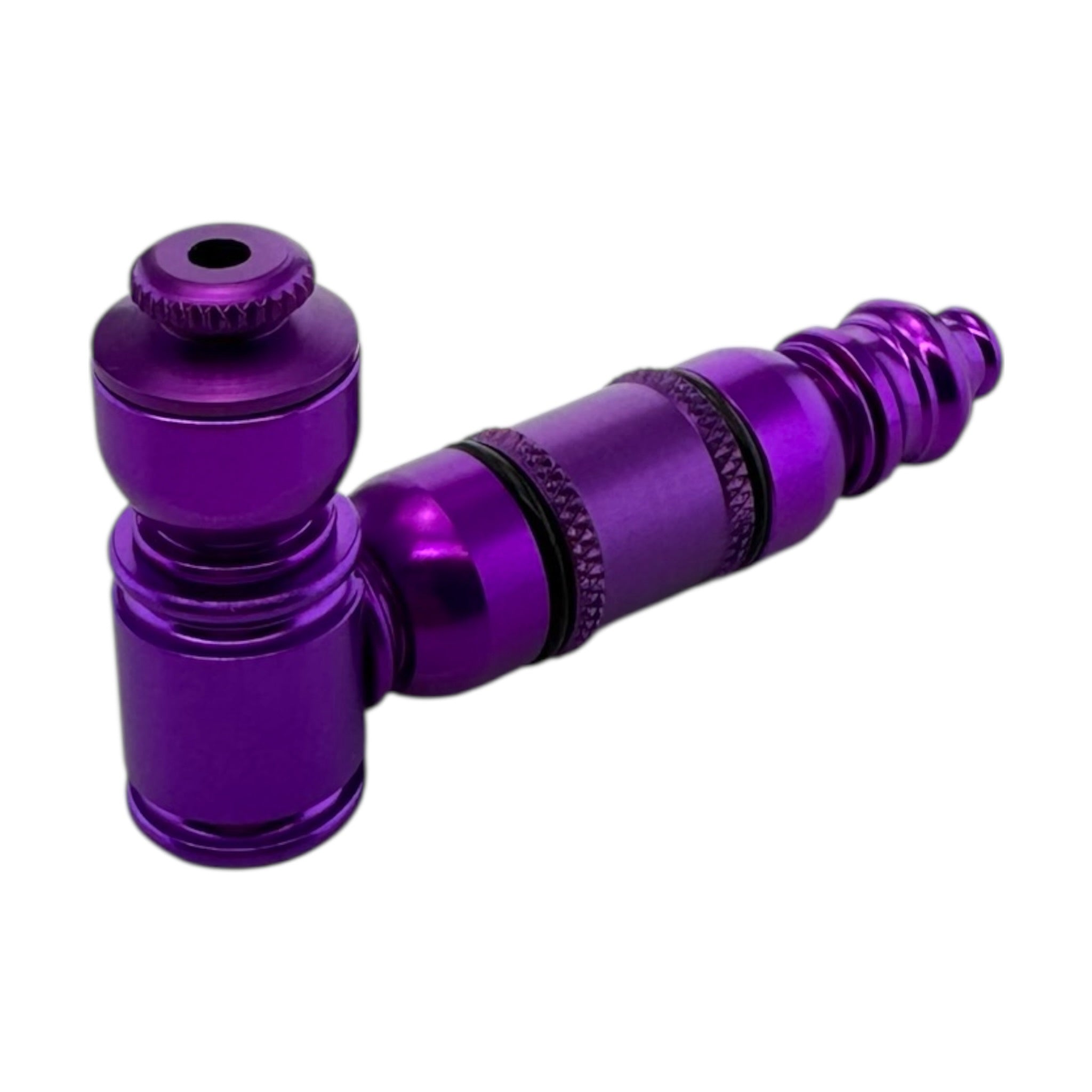Small Purple Aluminum Extended Mini Chamber Metal Smoking Pipe With Cap on a white background