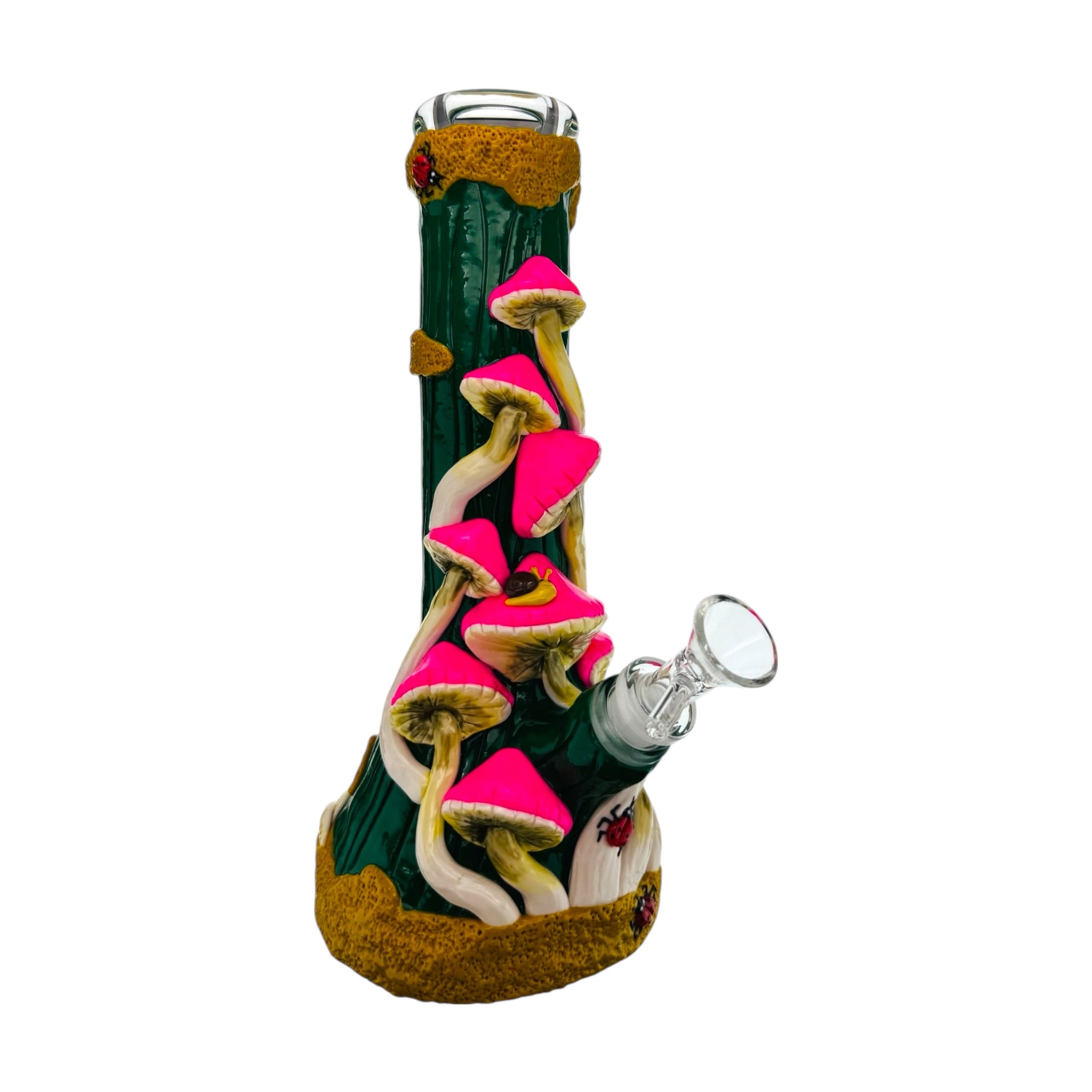 Pink Mushrooms With Snails And Lady Bugs Glass Beaker Water Pipe 