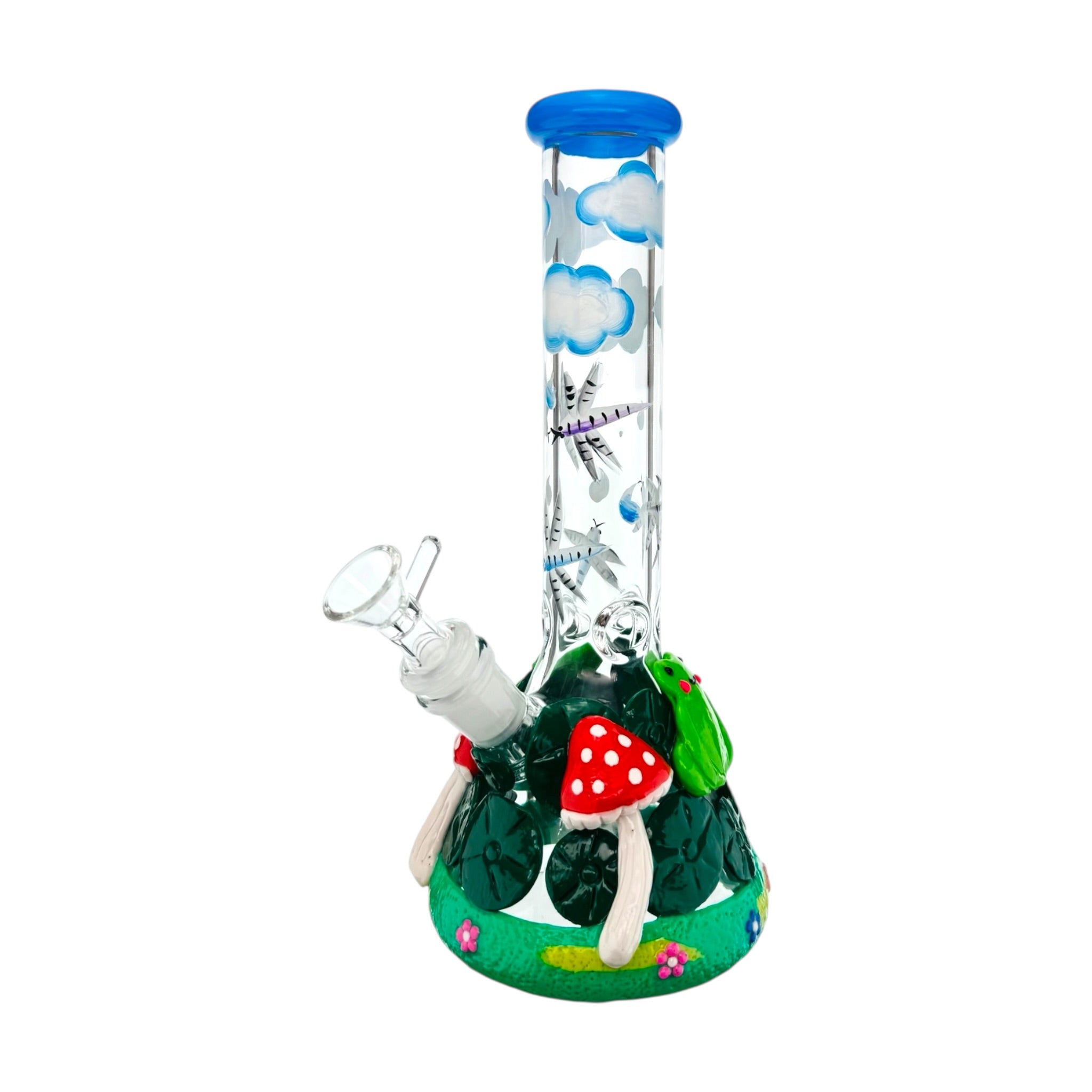 Decorative glass smoking device with mushroom and cloud design on a white background