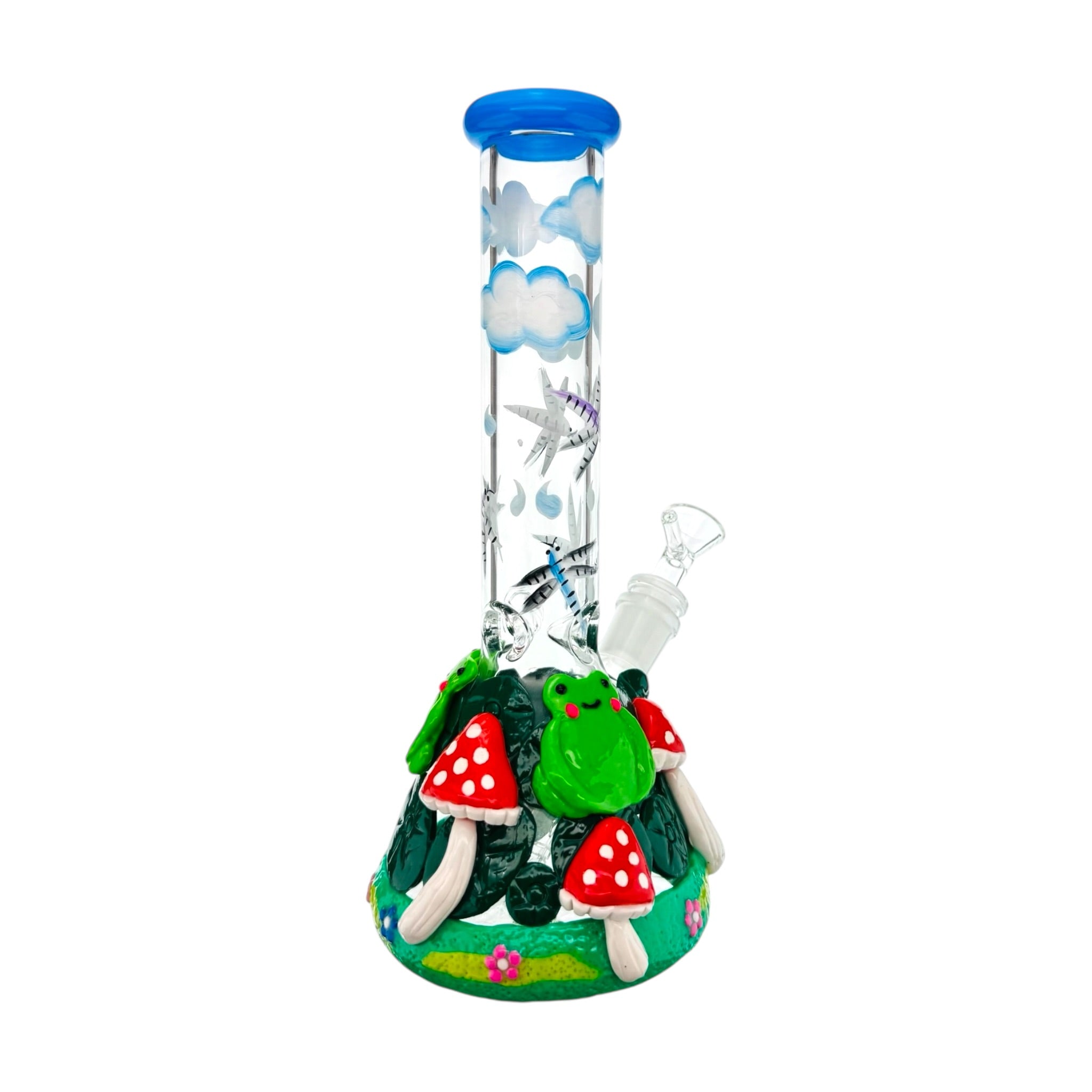 Frog On Lilly Pad With Mushrooms And Dragonflies Glass Beaker Bong 10 Inches