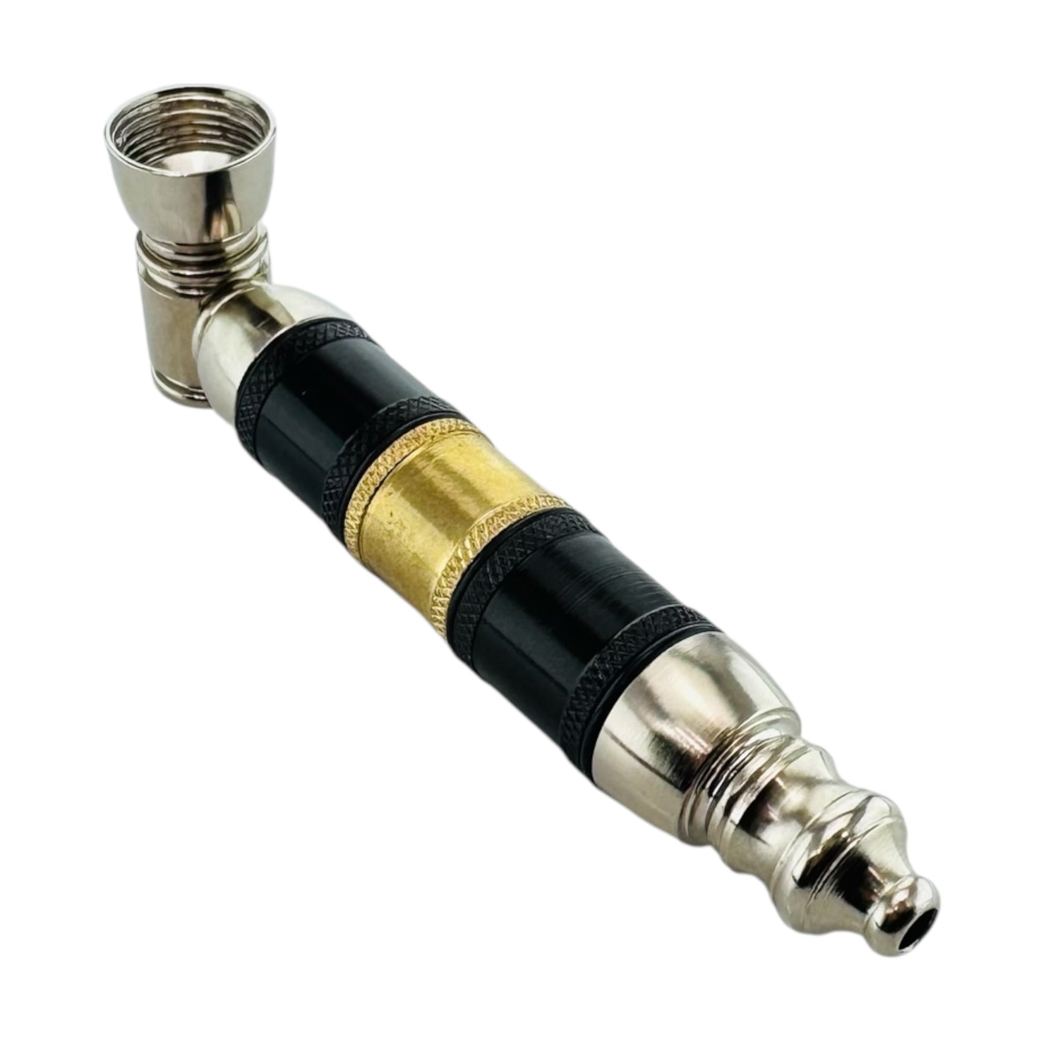 Silver Black And Gold Extra Large Extended Chamber Hand Pipe on a white background
