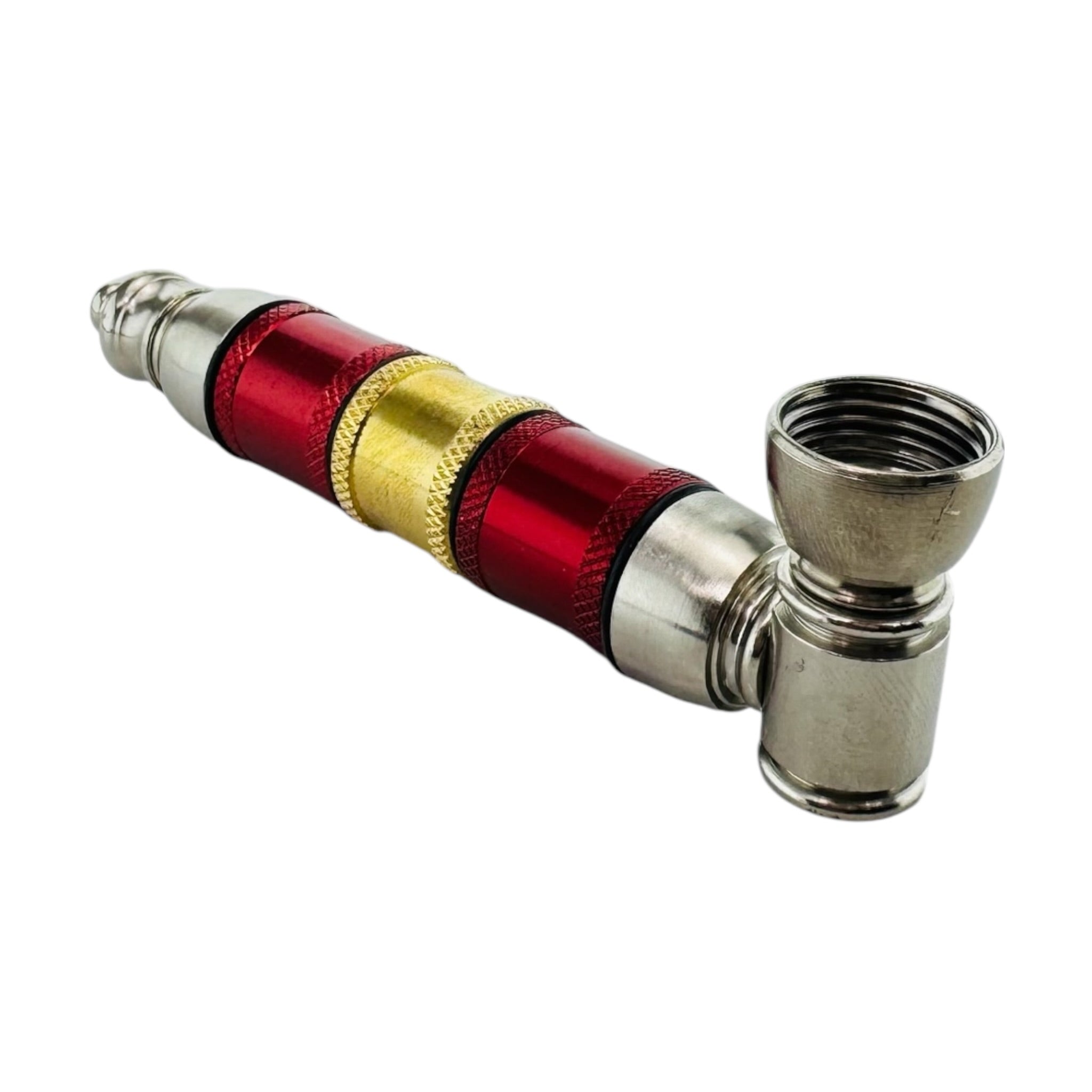 Silver Red And Gold Extra Large Extended Chamber Hand Pipe on a white background