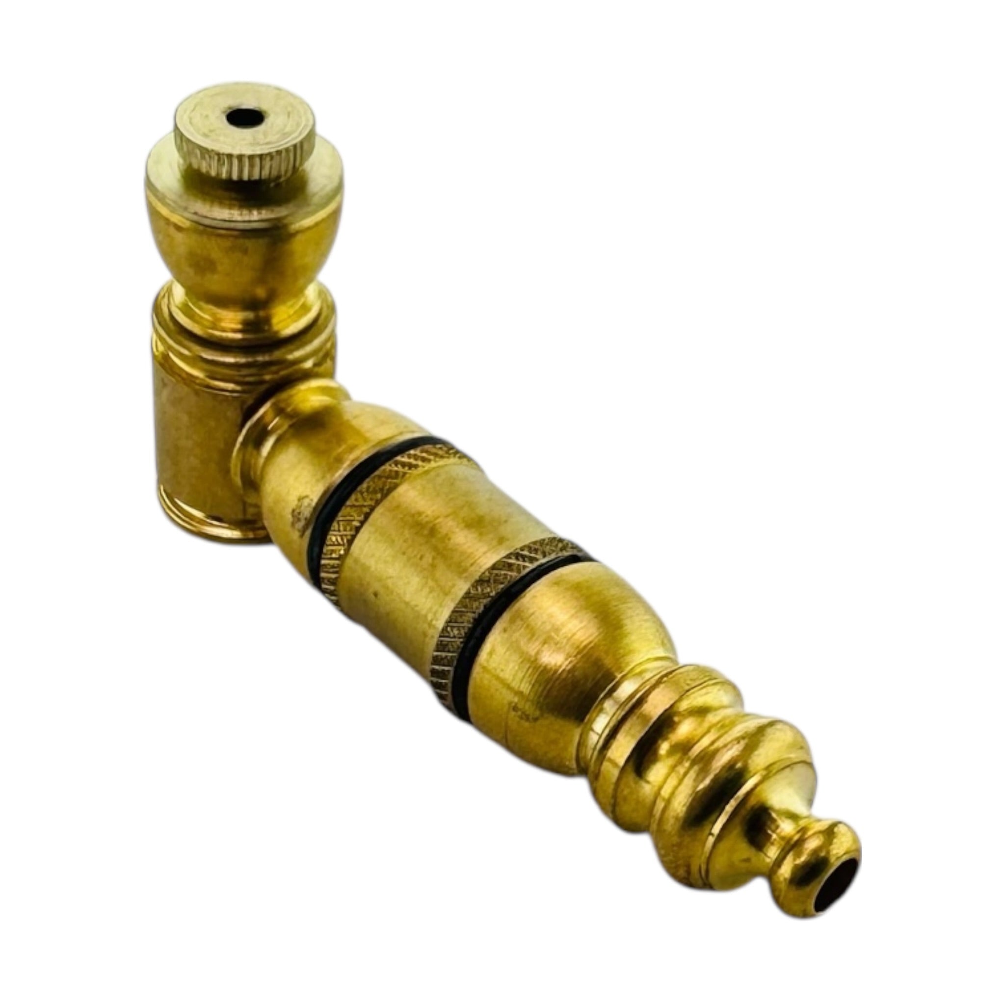 Small Brass Extended Mini Chamber Hand Pipe With Cap on a white background