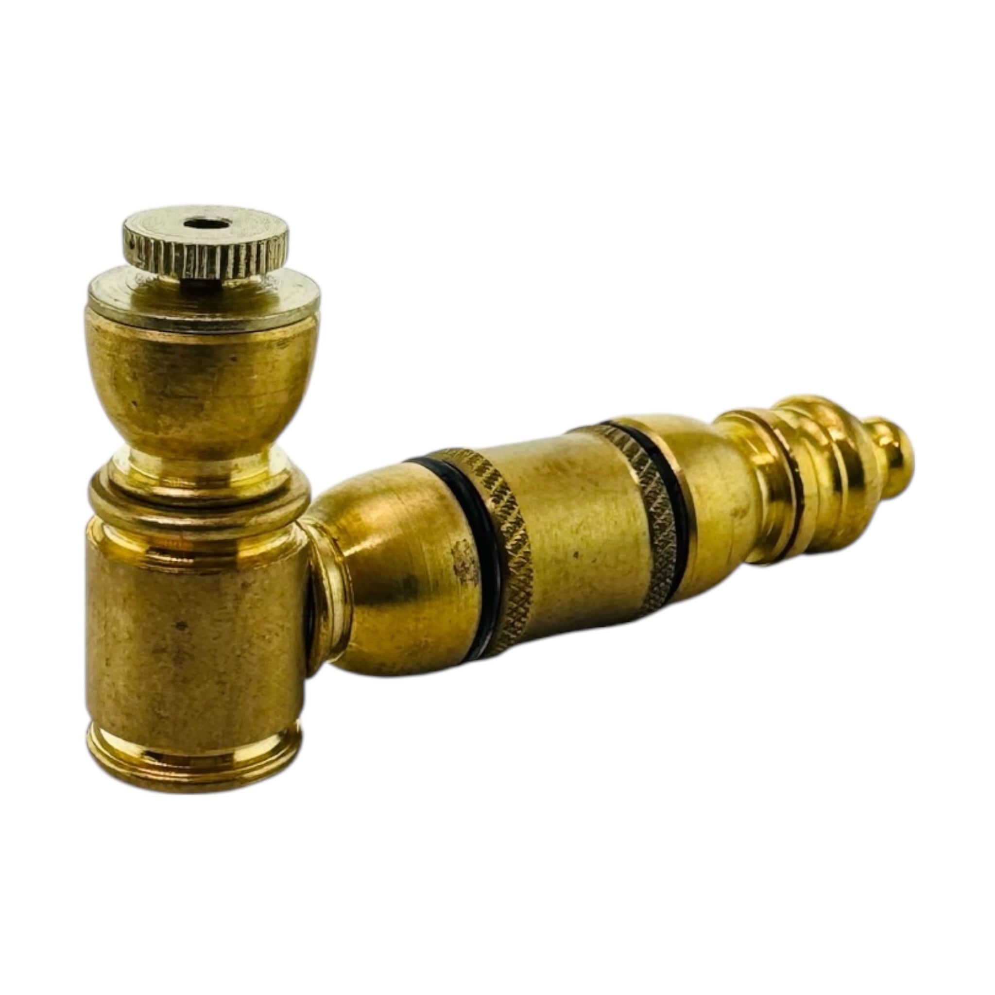 Small Brass Extended Mini Chamber Hand Pipe With Cap on a white background