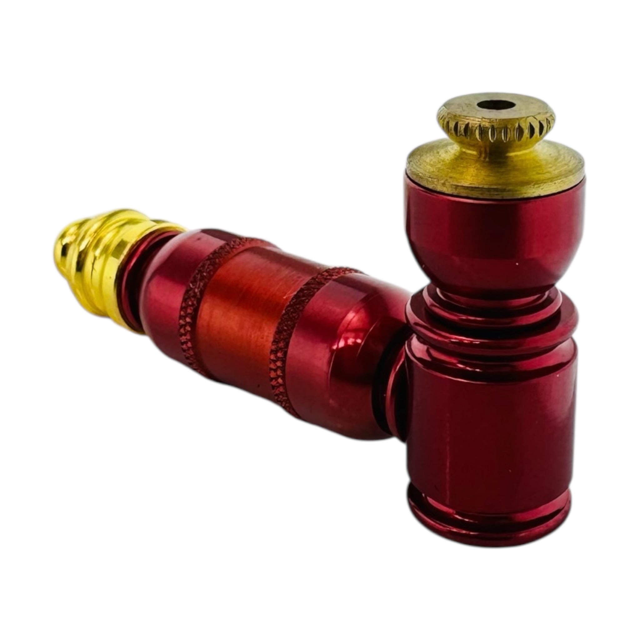 Small Red And Gold Extended Mini Chamber Hand Pipe With Cap on a white background