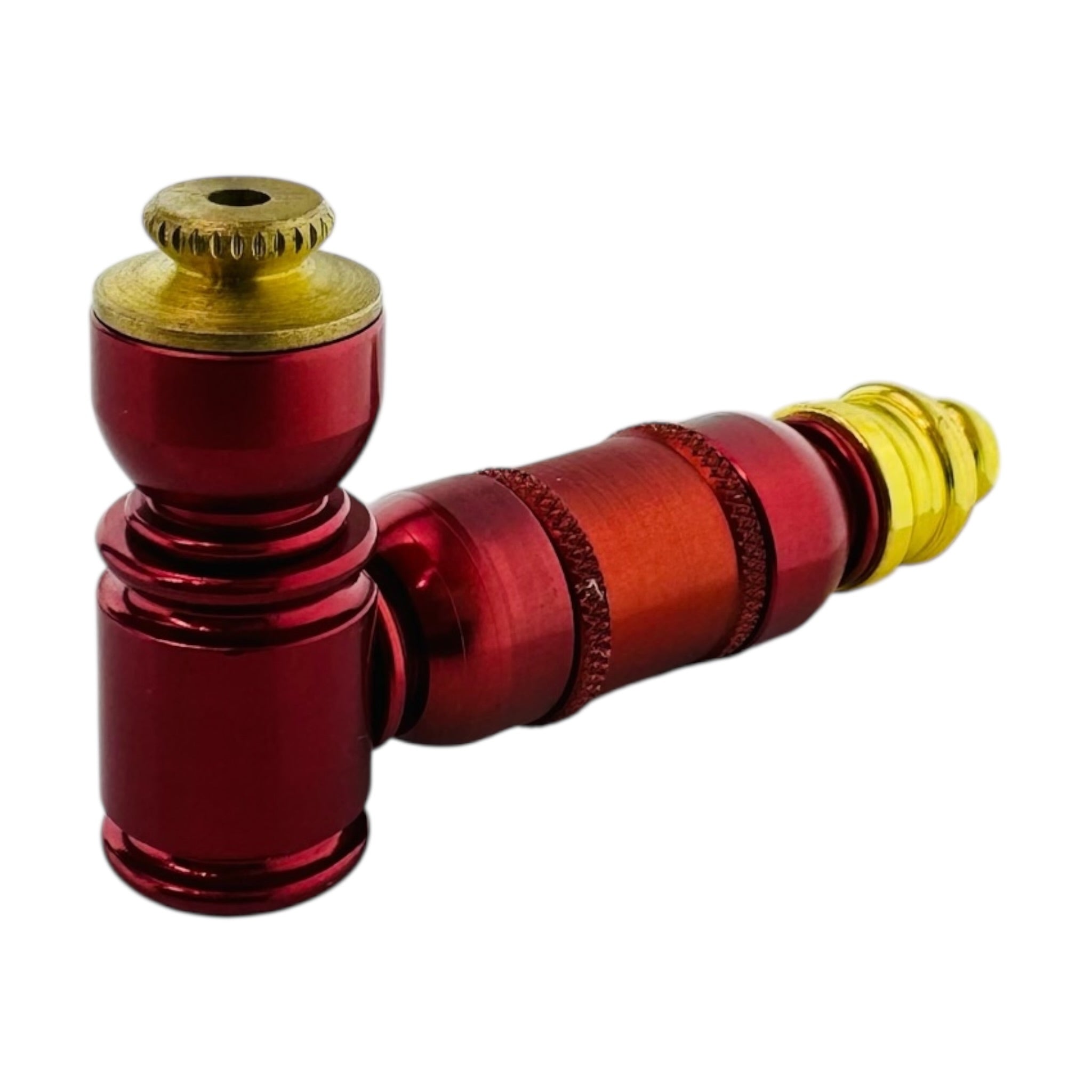 Small Red And Gold Extended Mini Chamber Hand Pipe With Cap on a white background