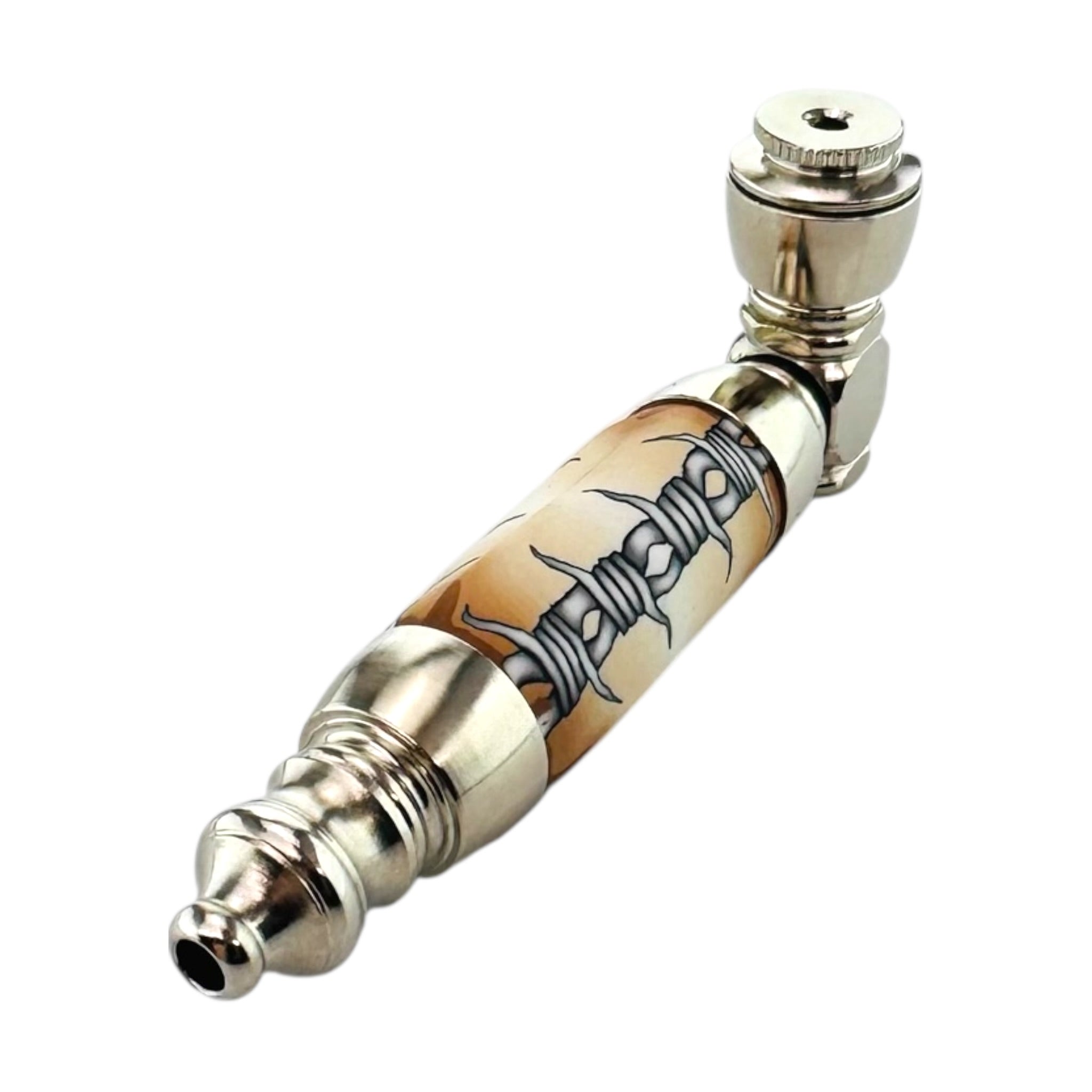 Metallic pipe with decorative barbwire design on a white background