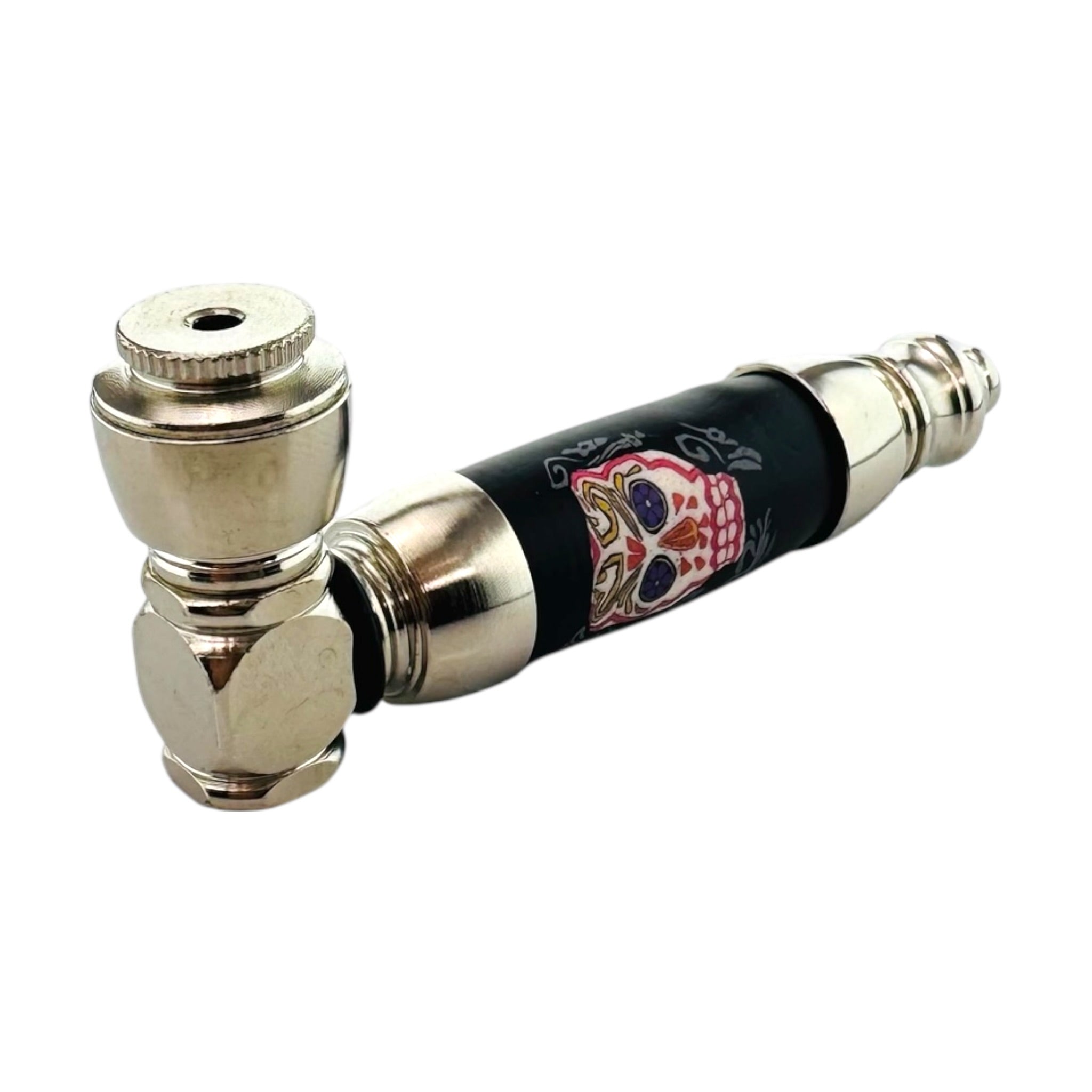 Large Chamber Metal Smoking Pipe With Skull Candy on a white background