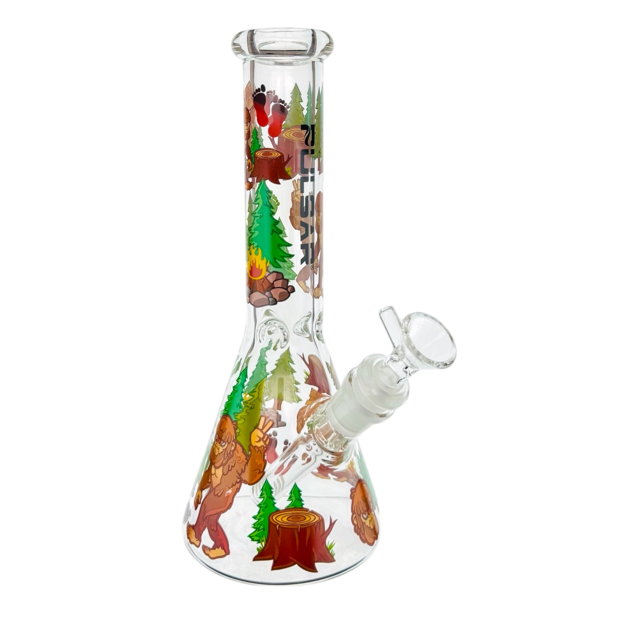 Glass smoking water pipe with cartoon-style big foot and forest design on a white background