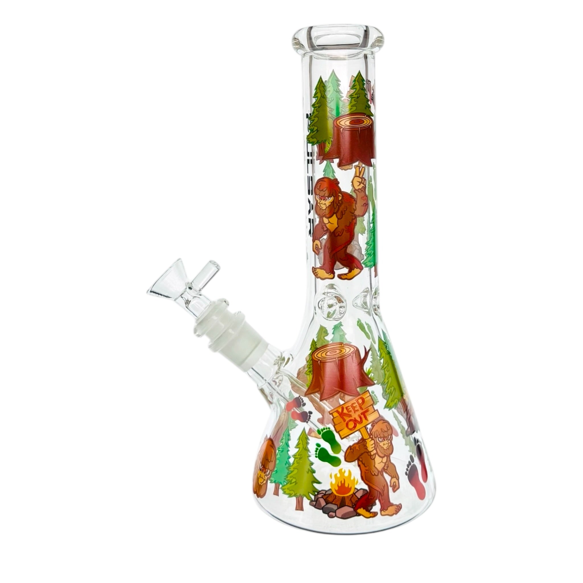 Glass smoking water pipe with cartoon-style big foot and forest design on a white background