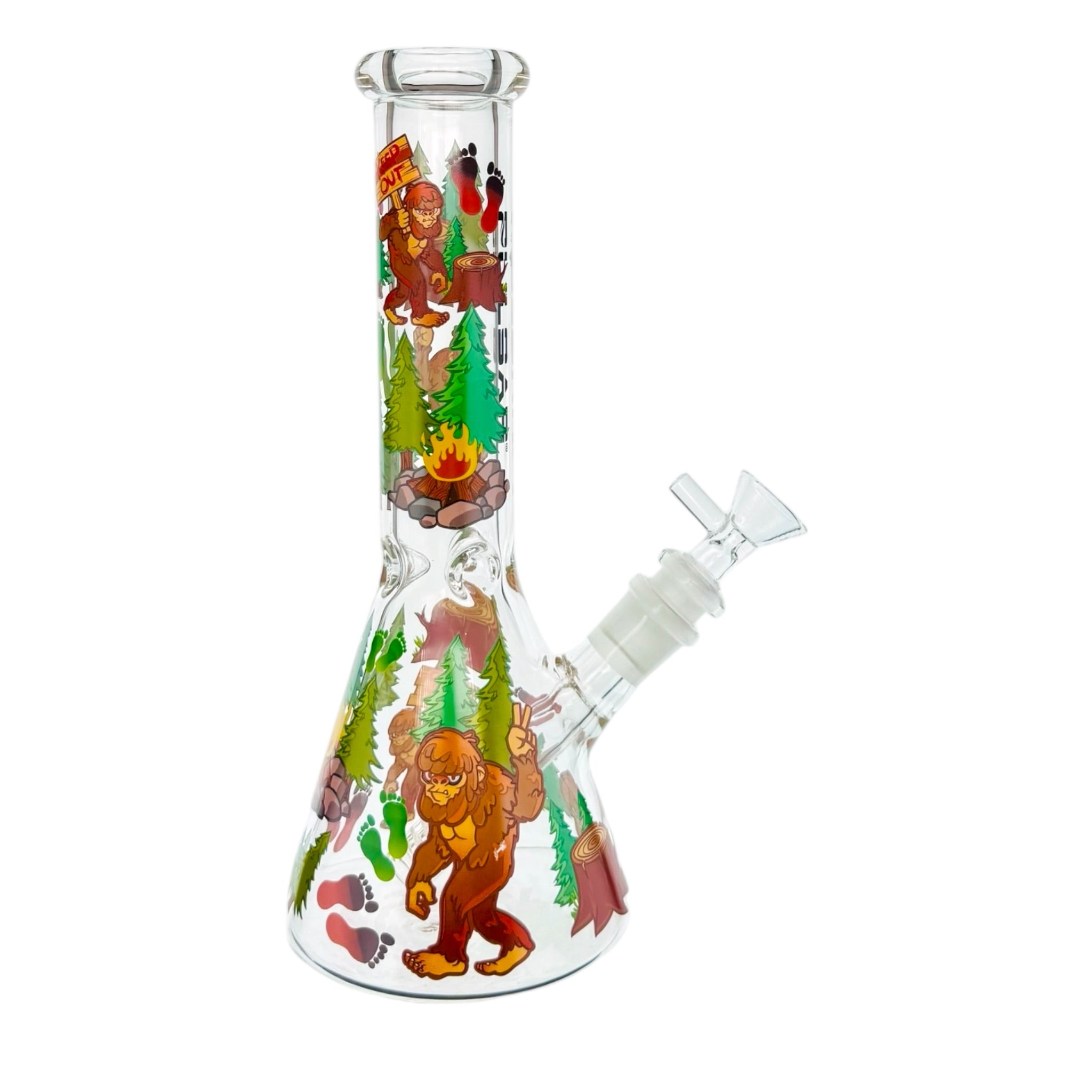Glass smoking water pipe with cartoon-style big foot and forest design on a white background