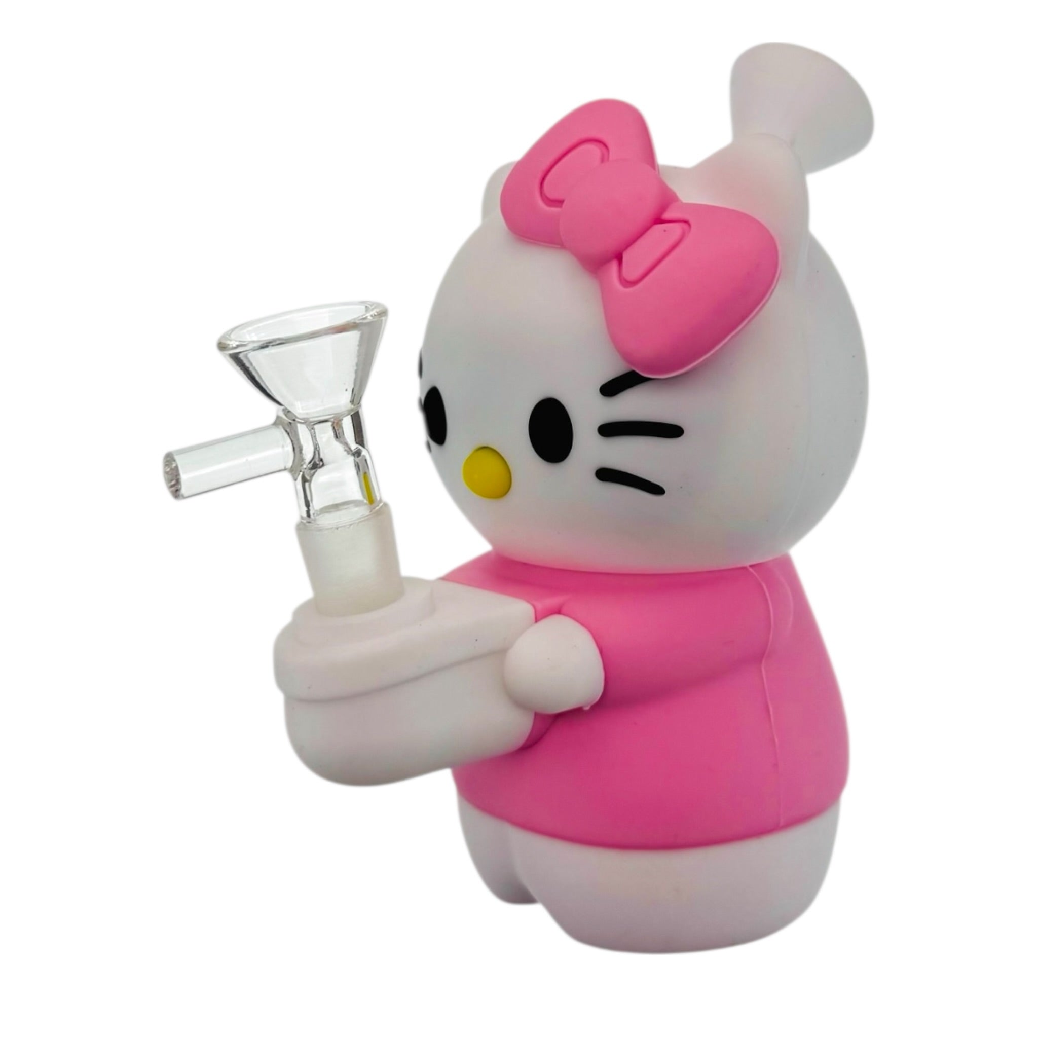 Hello Kitty character holding a glass smoking device on a white background