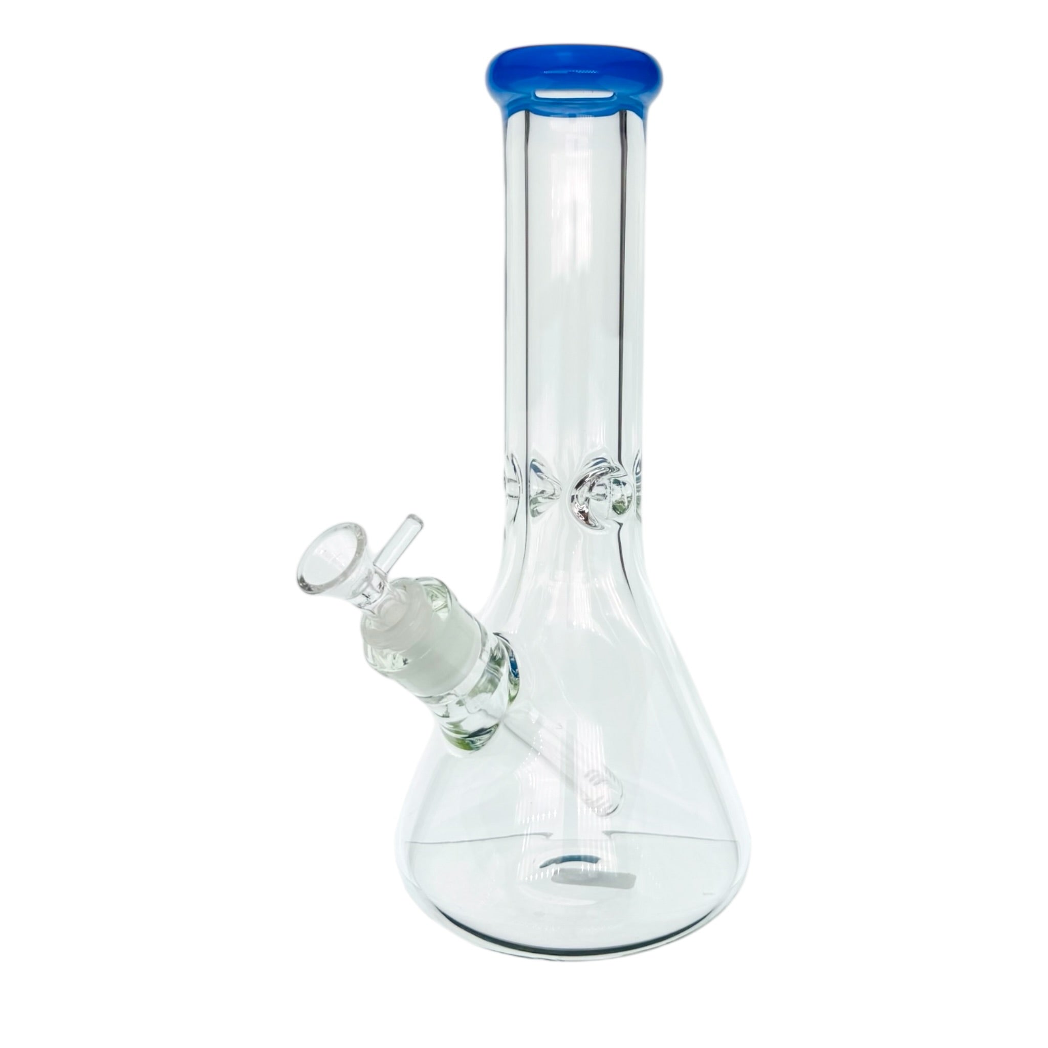 Clear glass bong with a blue top on a white background