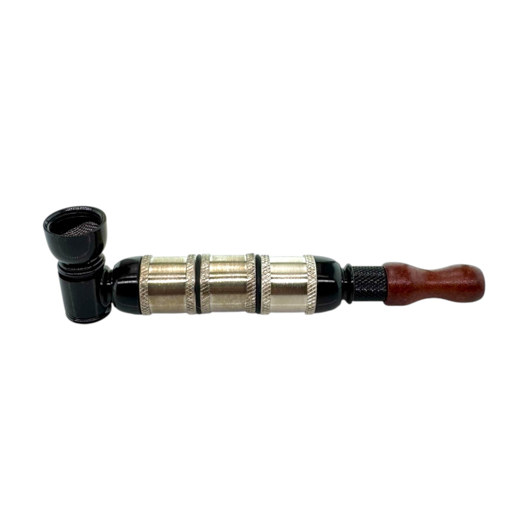 Metal Smoking Pipe Black And Silver Extra Extended Large Chamber Hand Pipe With Wood Mouthpiece