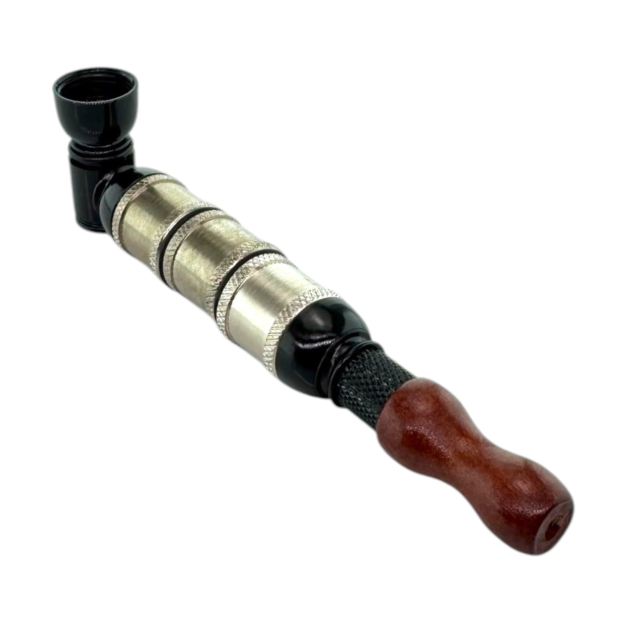 Metal Smoking Pipe Black And Silver Extra Extended Large Chamber Hand Pipe With Wood Mouthpiece