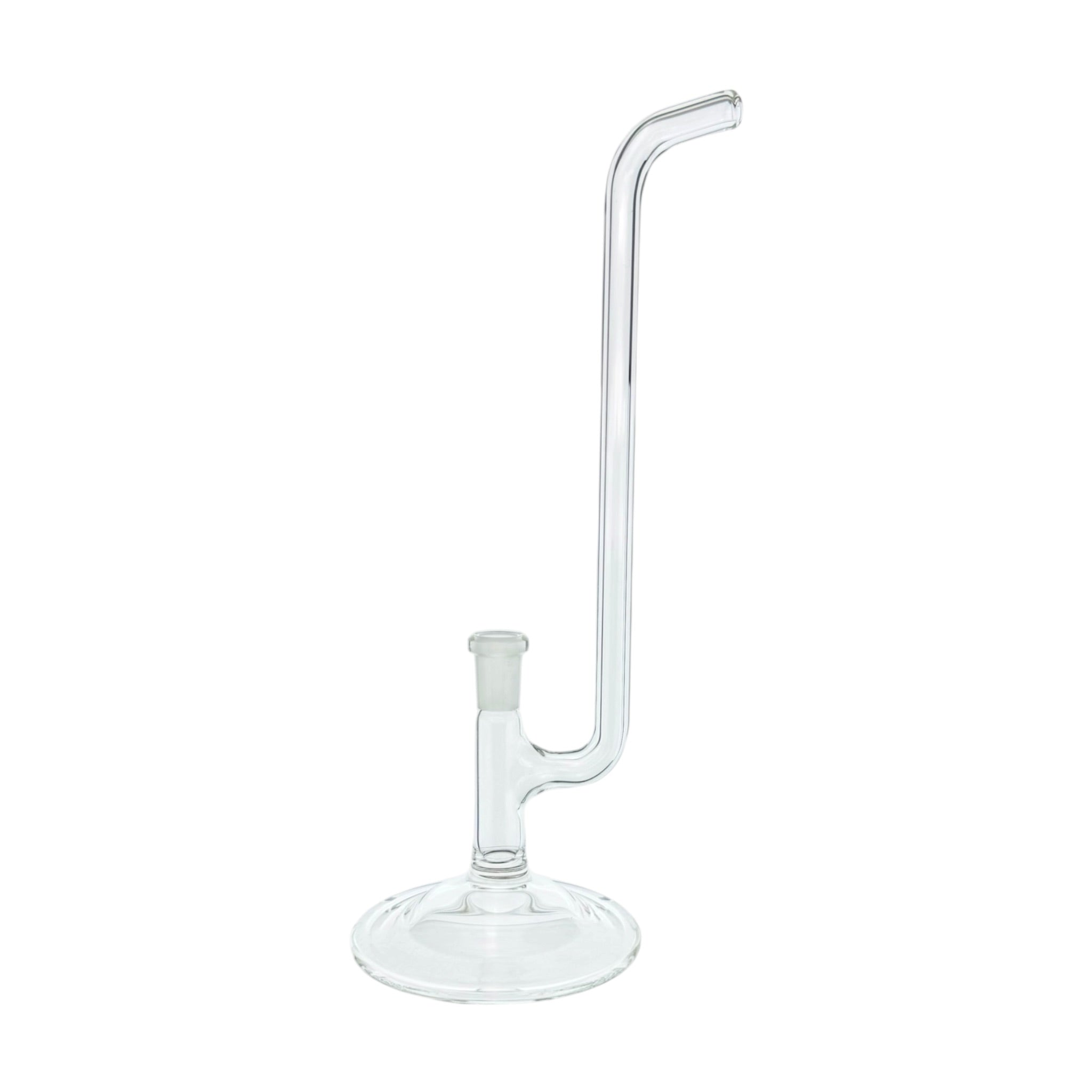 Clear glass smoking accessory with a long curved neck on a white background