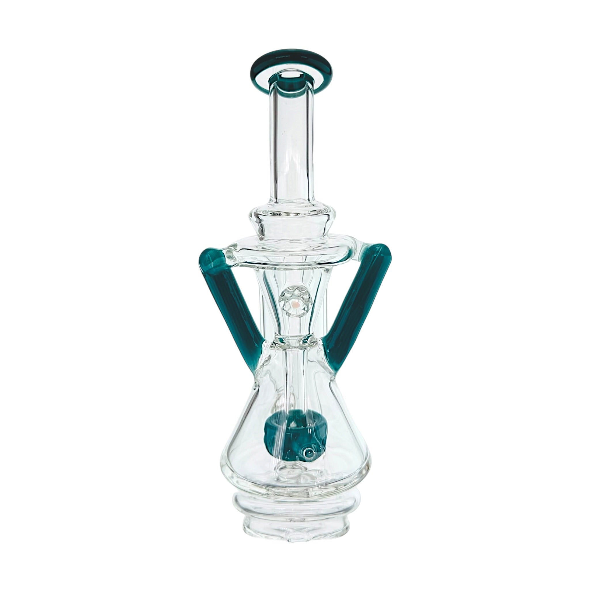 Teal Dual Uptake Glass Internal Recycler With Opal Water Attachment For Puffco Peak And Peak Pro