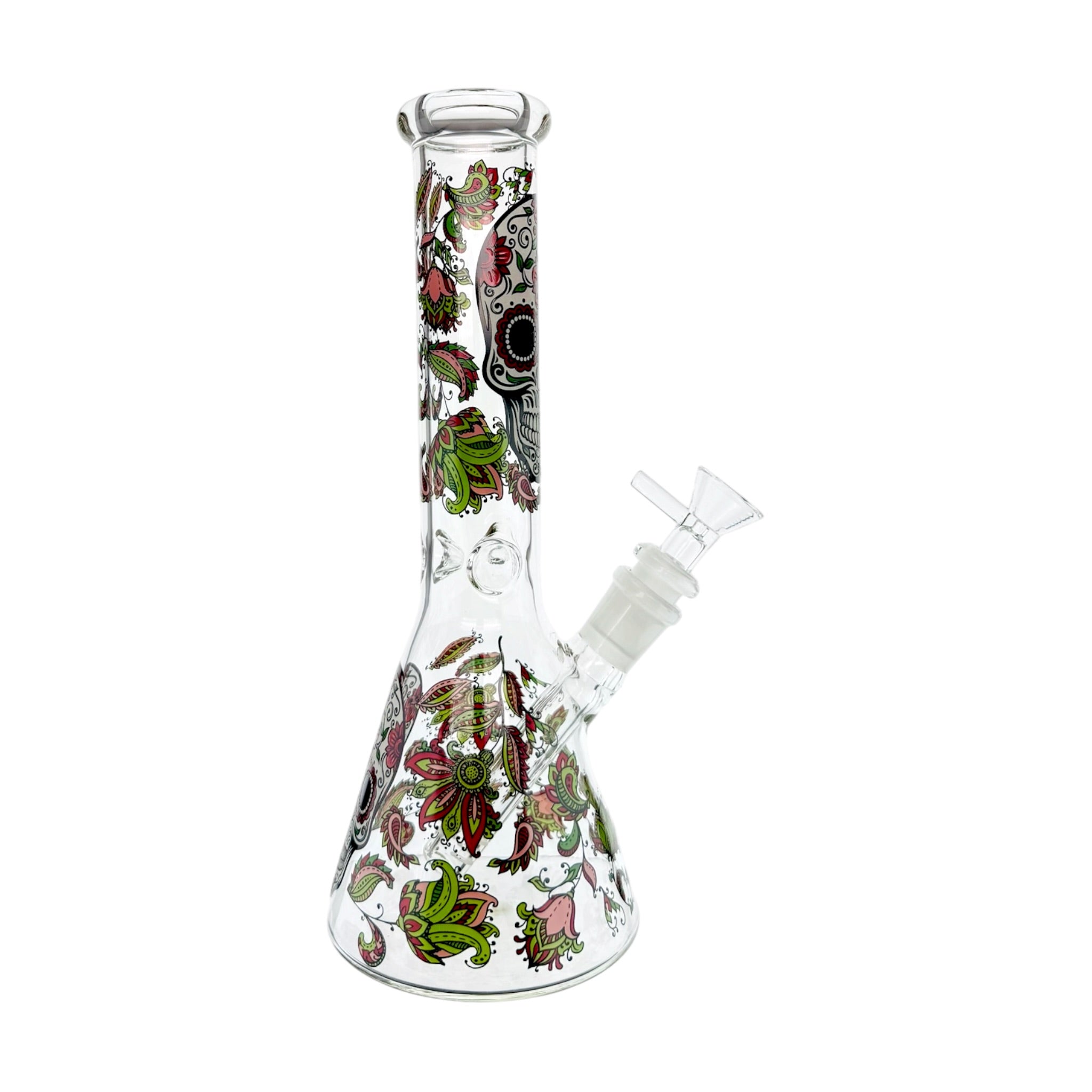 Clear Water Pipe Bong With Sugar Skull And Flowers Beaker 10 Inch on white background