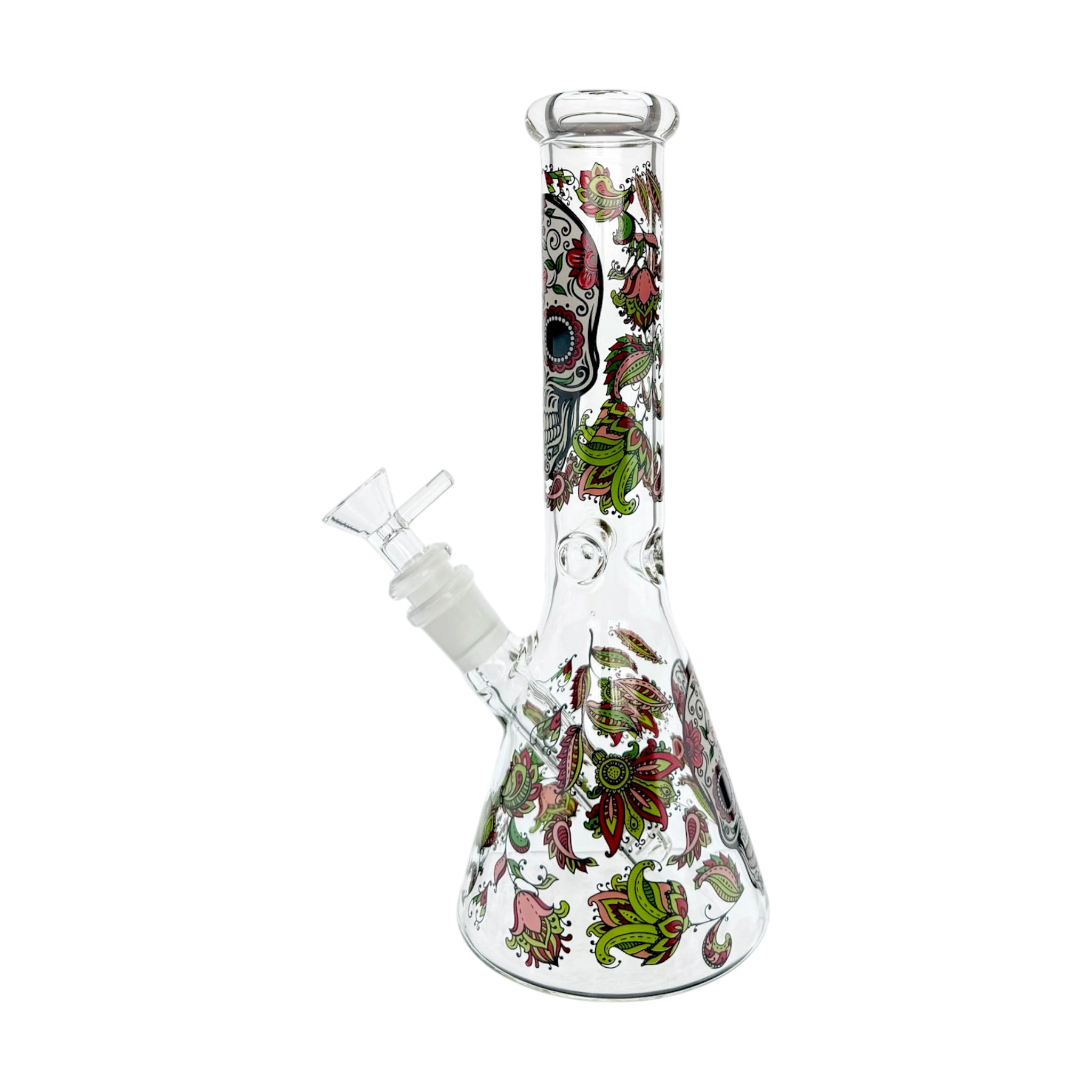 Clear Water Pipe Bong With Sugar Skull And Flowers Beaker 10 Inch on white background